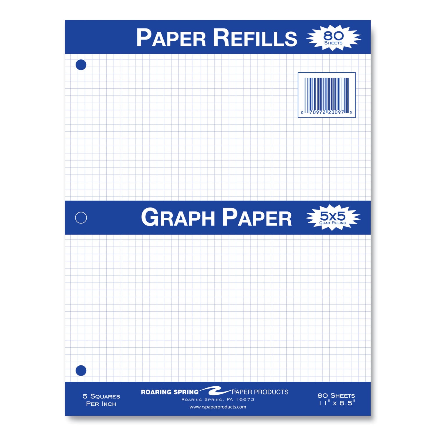 Graph Filler Paper, 3-Hole, 8.5 x 11, Quadrille: 5 sq/in, 80 Sheets/Pack, 24 Packs/Carton, Ships in 4-6 Business Days
