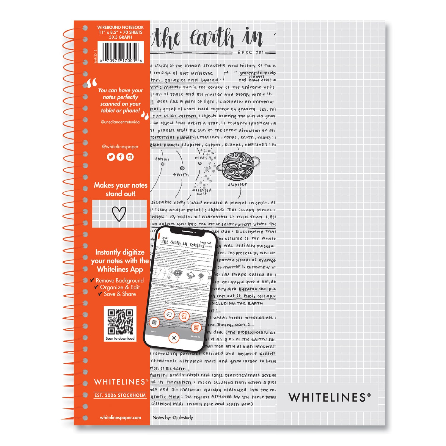 Whitelines Notebook, Quadrille Rule, (5 sq/in), Gray/Orange Cover, (70) 11 x 8.5 Sheets, 12/CT, Ships in 4-6 Business Days