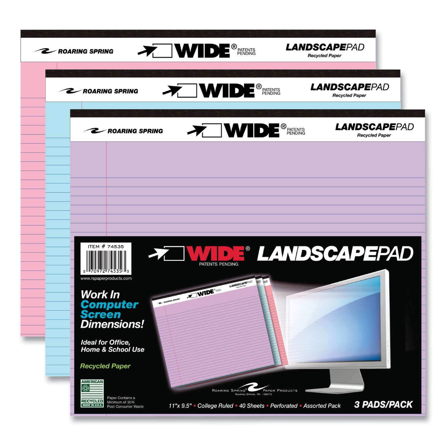 wide-landscape-format-writing-pad-medium-college-rule-40-assorted-colors-11-x-95-sheets-12-ct-ships-in-4-6-business-days_roa74535cs - 2