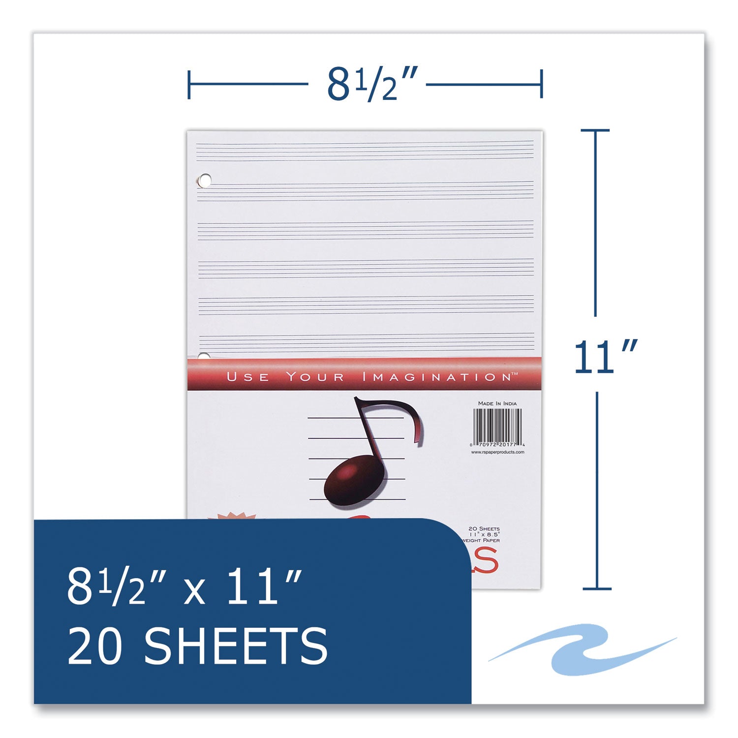 Music Filler Paper, 3-Hole, 8.5 x 11, Music Transcription Format, 20 Sheets/Pack, 24 Packs/Carton, Ships in 4-6 Business Days