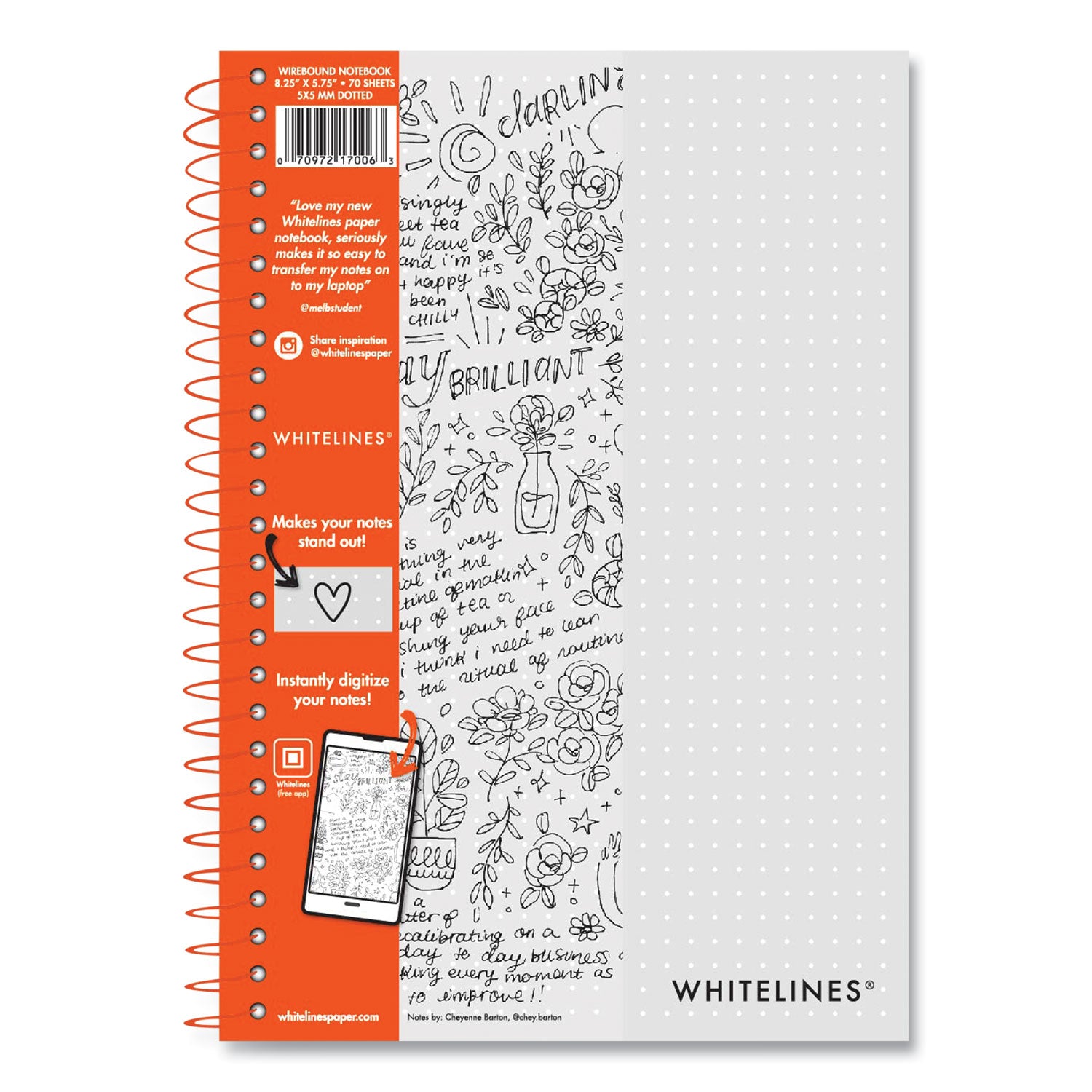 Whitelines Notebook, Dot Rule (5 mm), Gray/Orange Cover, (70) 8.25 x 5.75 Sheets, 12/Carton , Ships in 4-6 Business Days