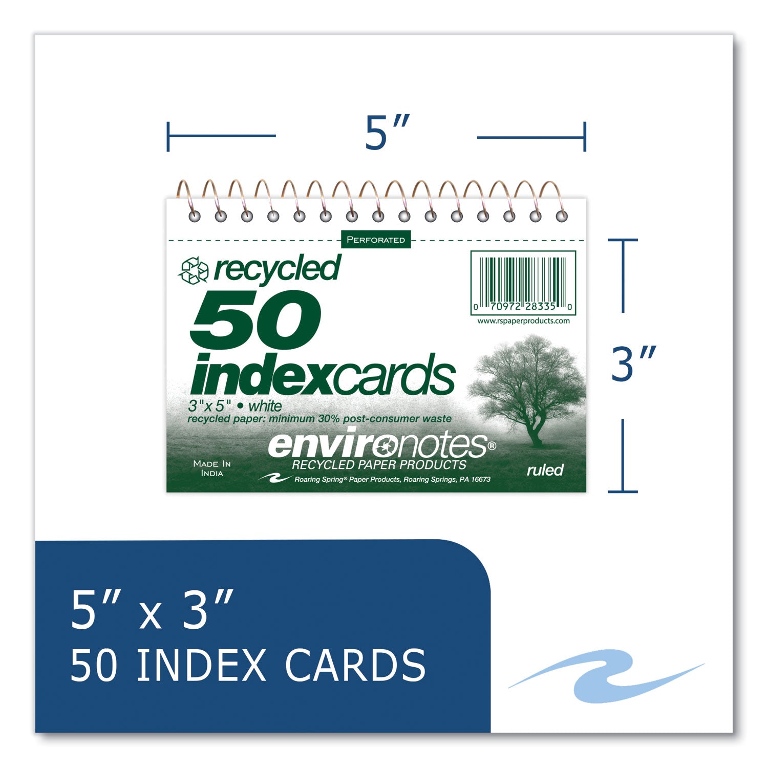 Environotes Wirebound Recycled Index Cards, Narrow Rule, 3 x 5, White, 50 Cards, 24/Carton, Ships in 4-6 Business Days