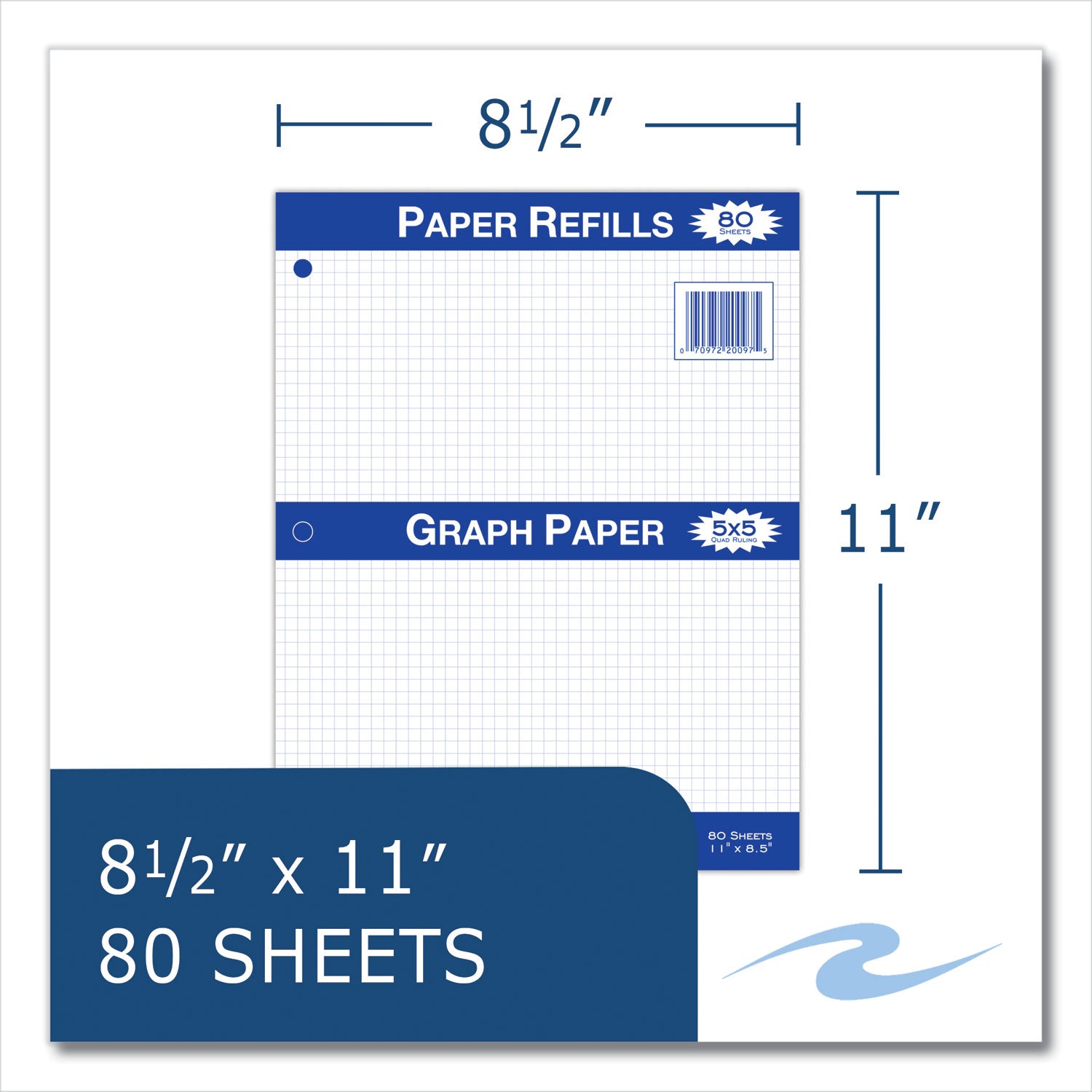 Graph Filler Paper, 3-Hole, 8.5 x 11, Quadrille: 5 sq/in, 80 Sheets/Pack, 24 Packs/Carton, Ships in 4-6 Business Days