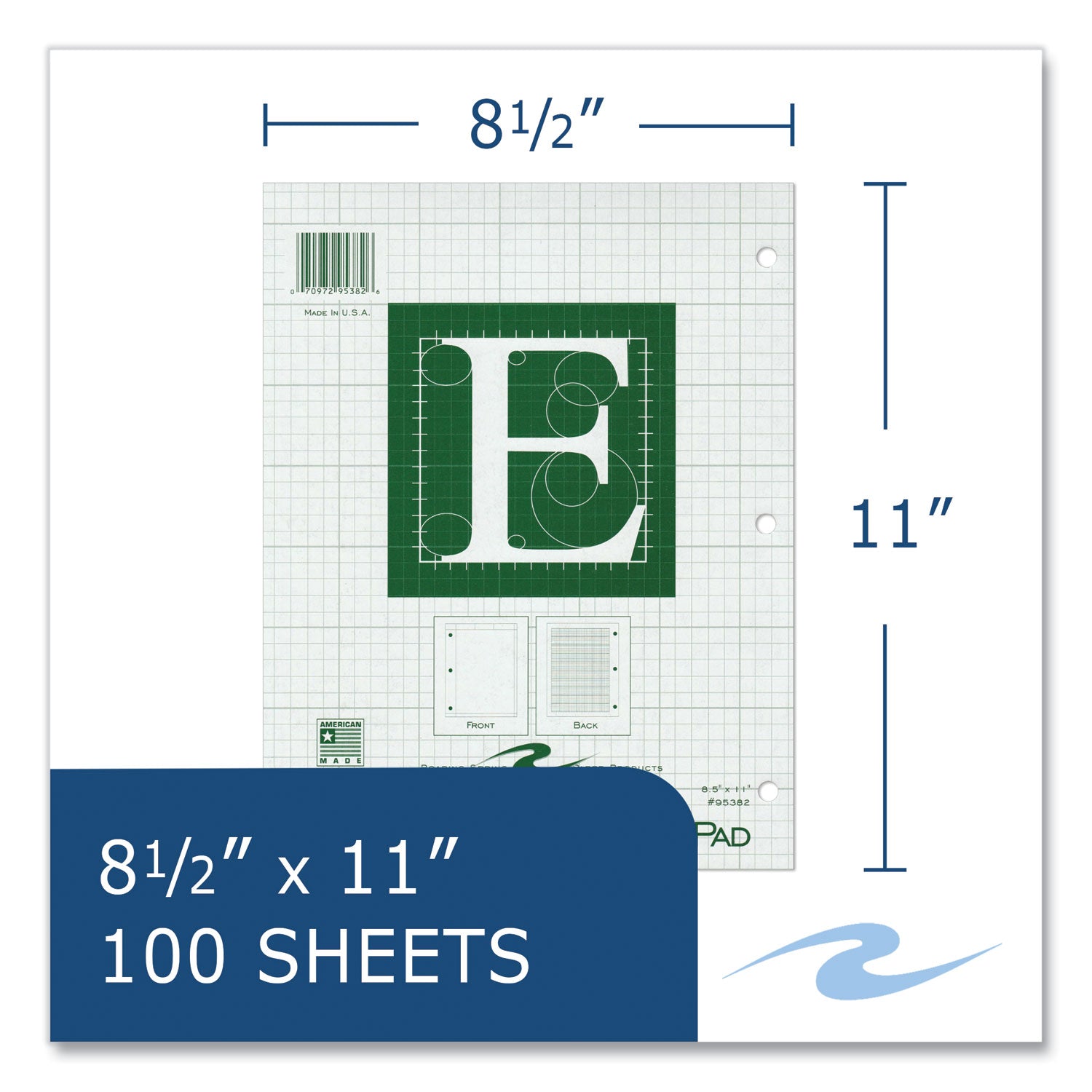 Engineer Pad, (0.5" Margins), Quad Rule (5 sq/in, 1 sq/in) 100 Lt Green 8.5x11 Sheets/Pad, 24/CT, Ships in 4-6 Business Days