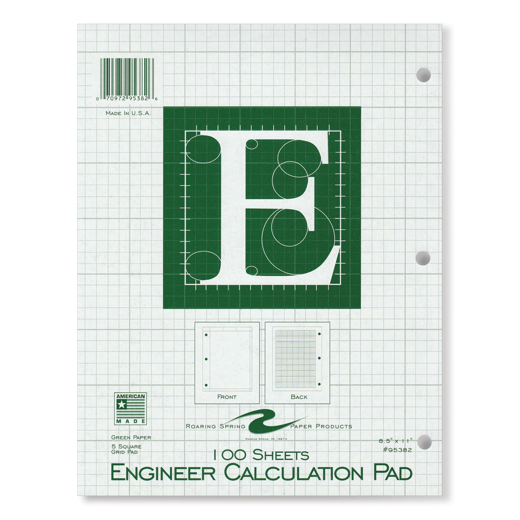 Engineer Pad, (0.5" Margins), Quad Rule (5 sq/in, 1 sq/in) 100 Lt Green 8.5x11 Sheets/Pad, 24/CT, Ships in 4-6 Business Days