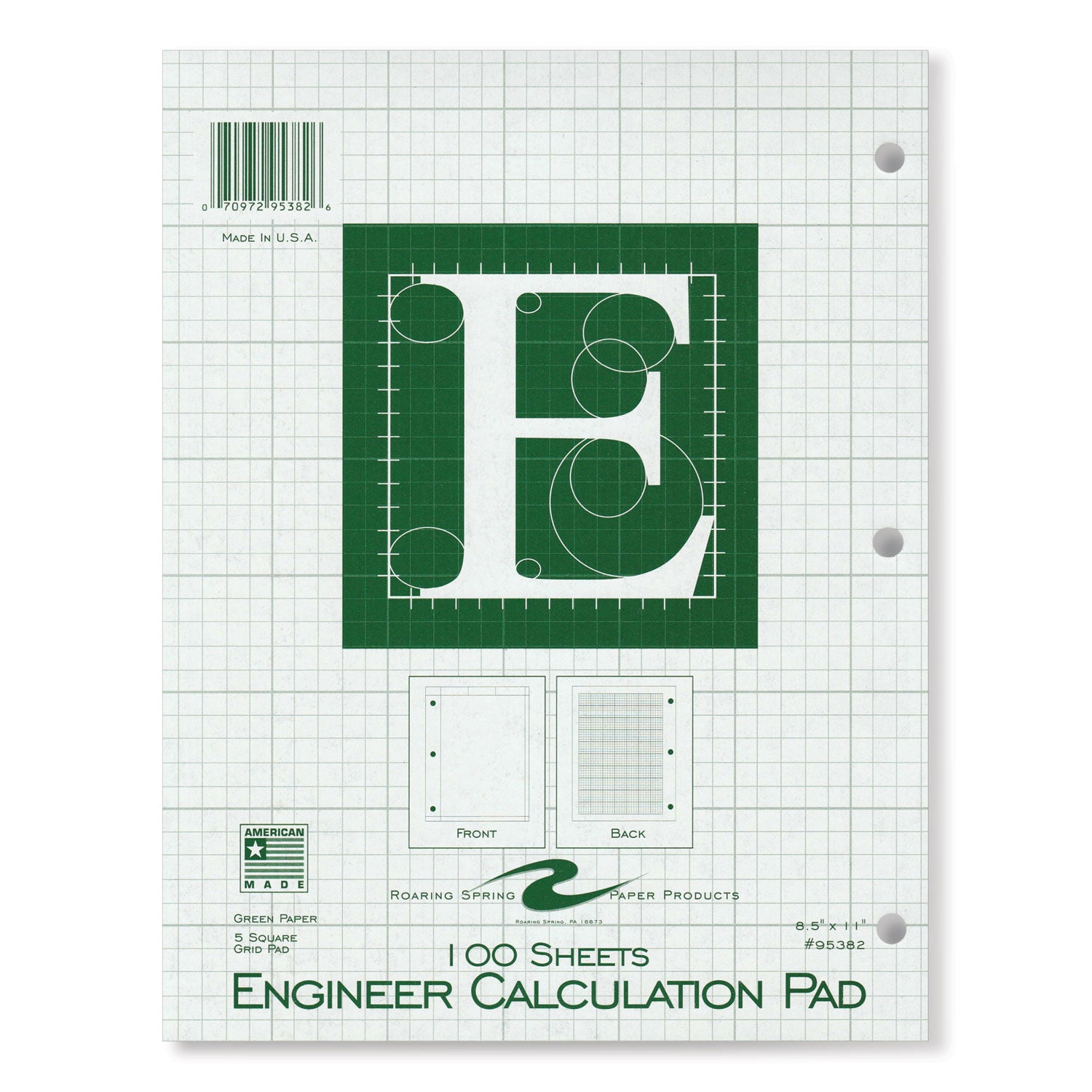 Engineer Pad, (0.5" Margins), Quad Rule (5 sq/in, 1 sq/in) 100 Lt Green 8.5x11 Sheets/Pad, 24/CT, Ships in 4-6 Business Days