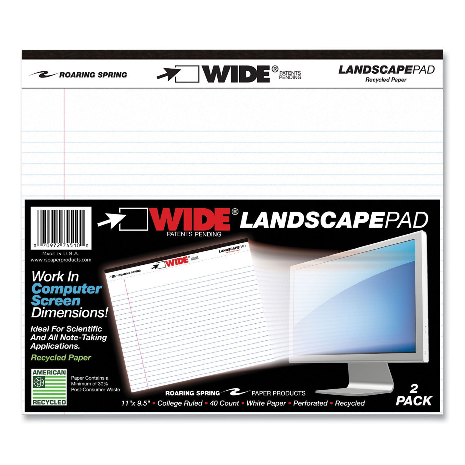 WIDE Landscape Format Writing Pad, Medium/College Rule, 40 White 11 x 9.5 Sheets, 18/Carton, Ships in 4-6 Business Days