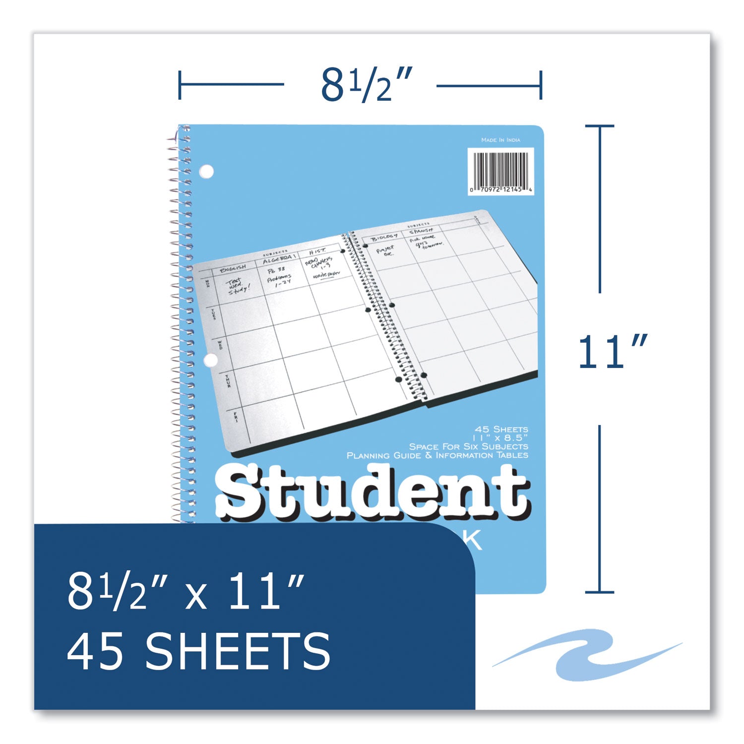 Student Plan Book, Undated, Light Blue Cover, (45) 11 x 8.5 Sheets, 24/Carton, Ships in 4-6 Business Days