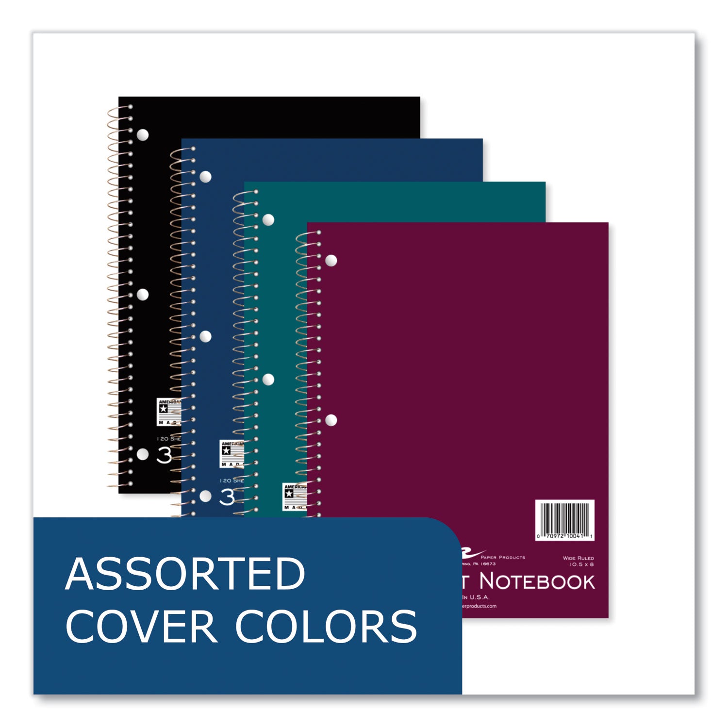 Subject Wirebound Promo Notebook, 3-Subject, Wide/Legal Rule, Asst Cover, (120) 10.5x8 Sheets, 24/CT, Ships in 4-6 Bus Days