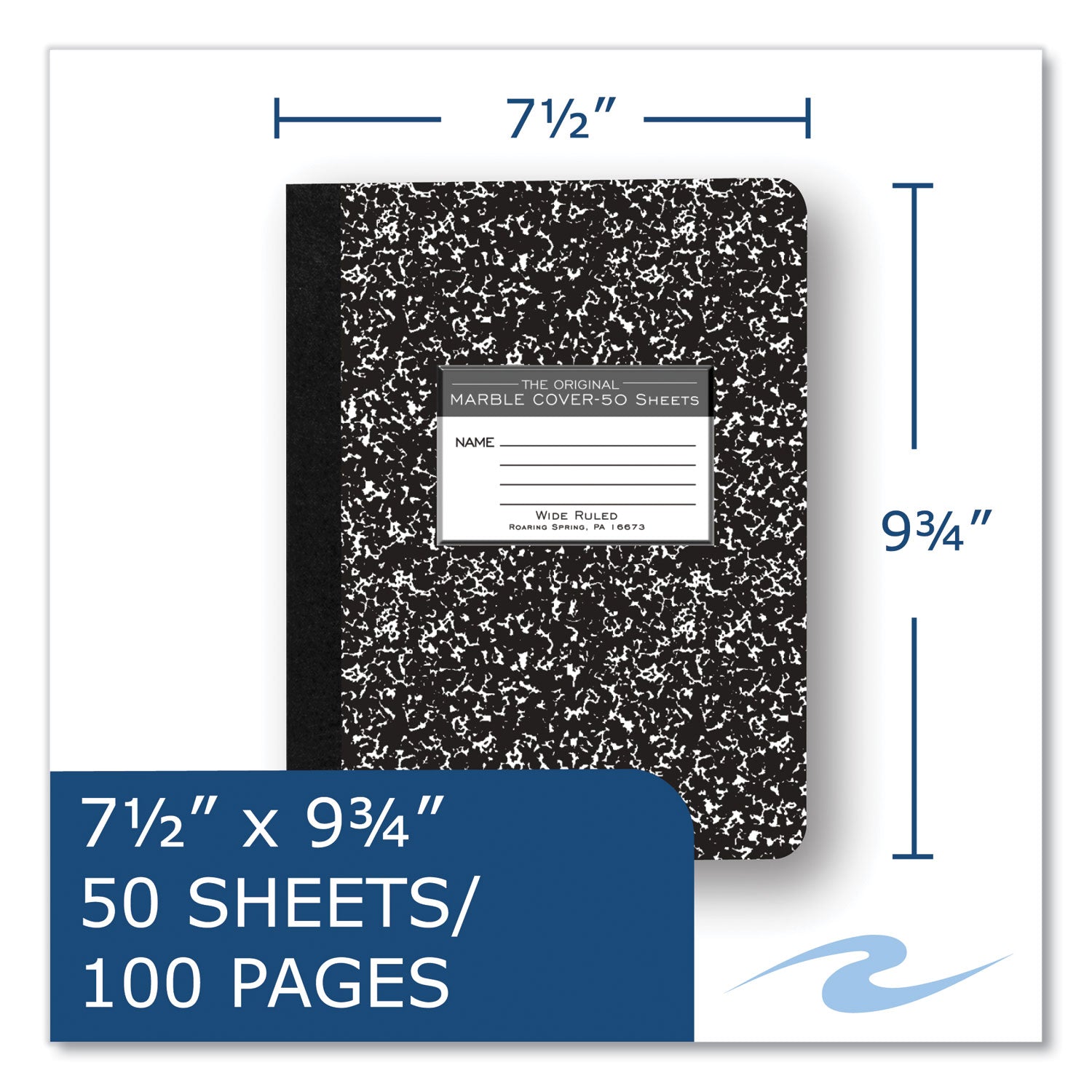 Hardcover Marble Composition Book, Wide/Legal Rule, Black Marble Cover, (50) 9.75 x 7.5 Sheet, 48/CT, Ships in 4-6 Bus Days