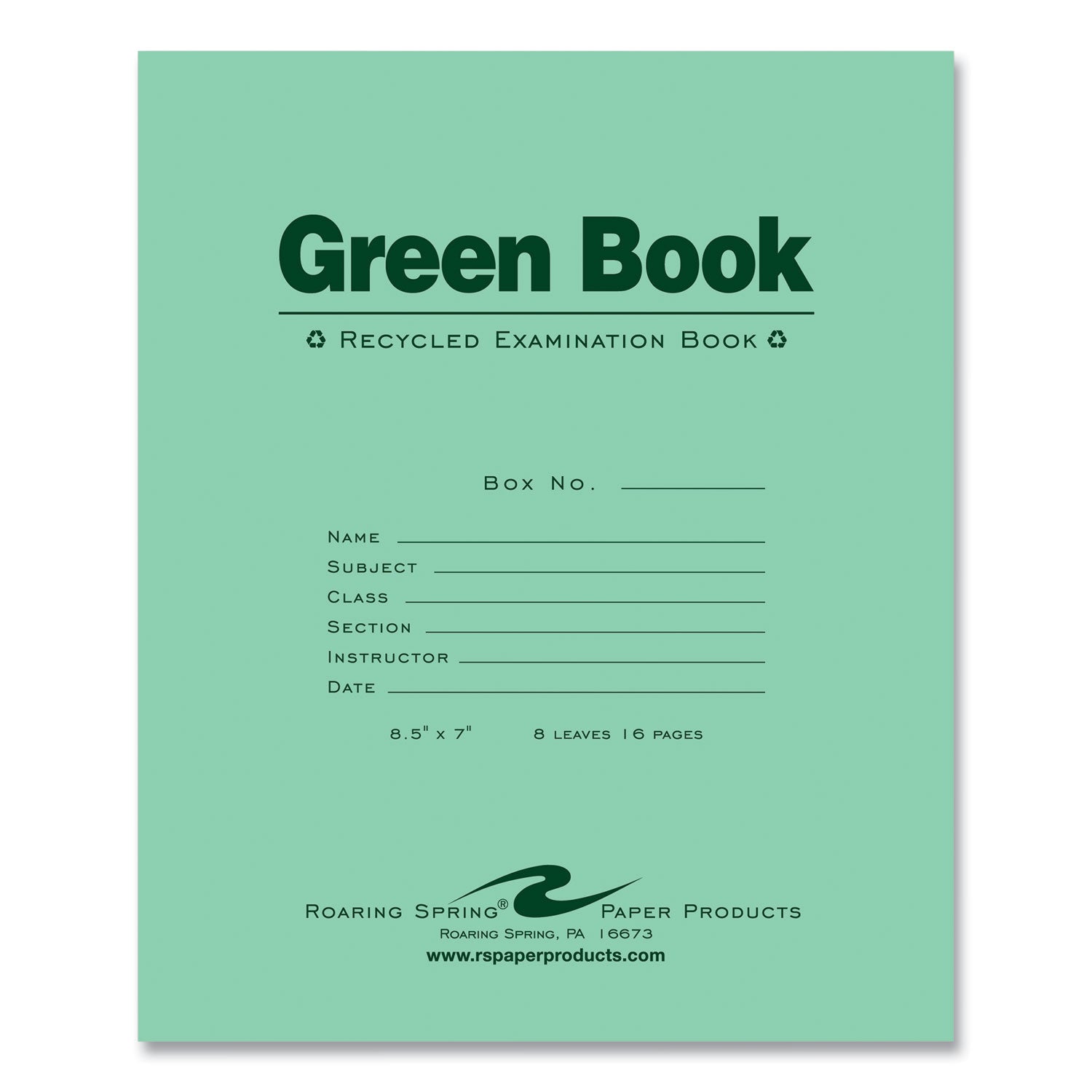 Recycled Exam Book, Wide/Legal Rule, Green Cover, (8) 8.5 x 7 Sheets, 600/Carton, Ships in 4-6 Business Days