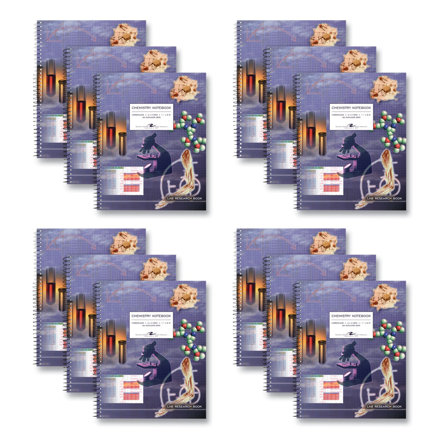 Lab/Science Carbonless Notebook, Quad Rule (4 sq/in), Multicolor Cover, (100) 11x8.5 Sheets, 12/CT,Ships in 4-6 Business Days