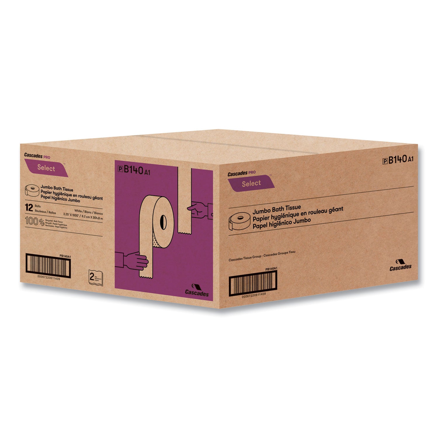 Select Jumbo Bath Tissue, Septic Safe, 2-Ply, White, 3.3" x 1,000 ft, 12 Rolls/Carton