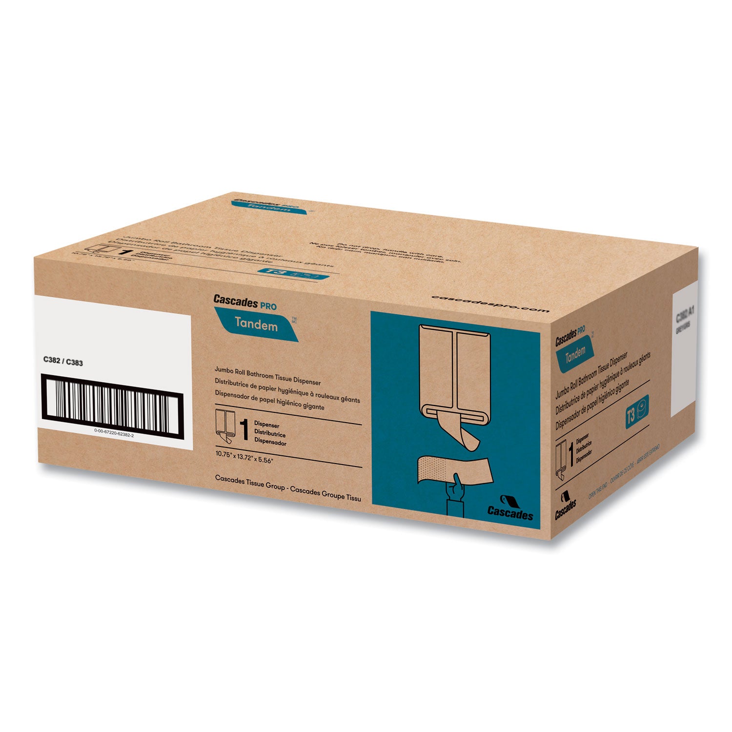 Cascades PRO Tandem Jumbo Toilet Paper Dispenser, Single Roll (C382) - Touchless, Roll Dispenser - 1 x Roll - 13.8" Height x 10.8" Width x 5.6" Depth - Dark Gray - Hygienic, Jam Resistant - 1 Each