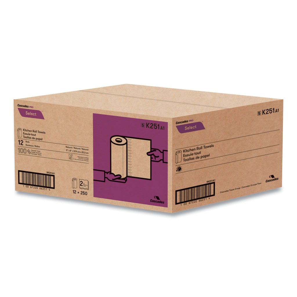 Select Kitchen Roll Towels, 2-Ply, 11" x 166.6 ft, Natural, 250/Roll, 12/Carton