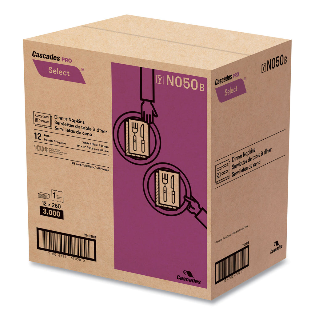 Select Dinner Napkins, 1-Ply, White, 15.5 x 16, 250/Pack, 12/Carton