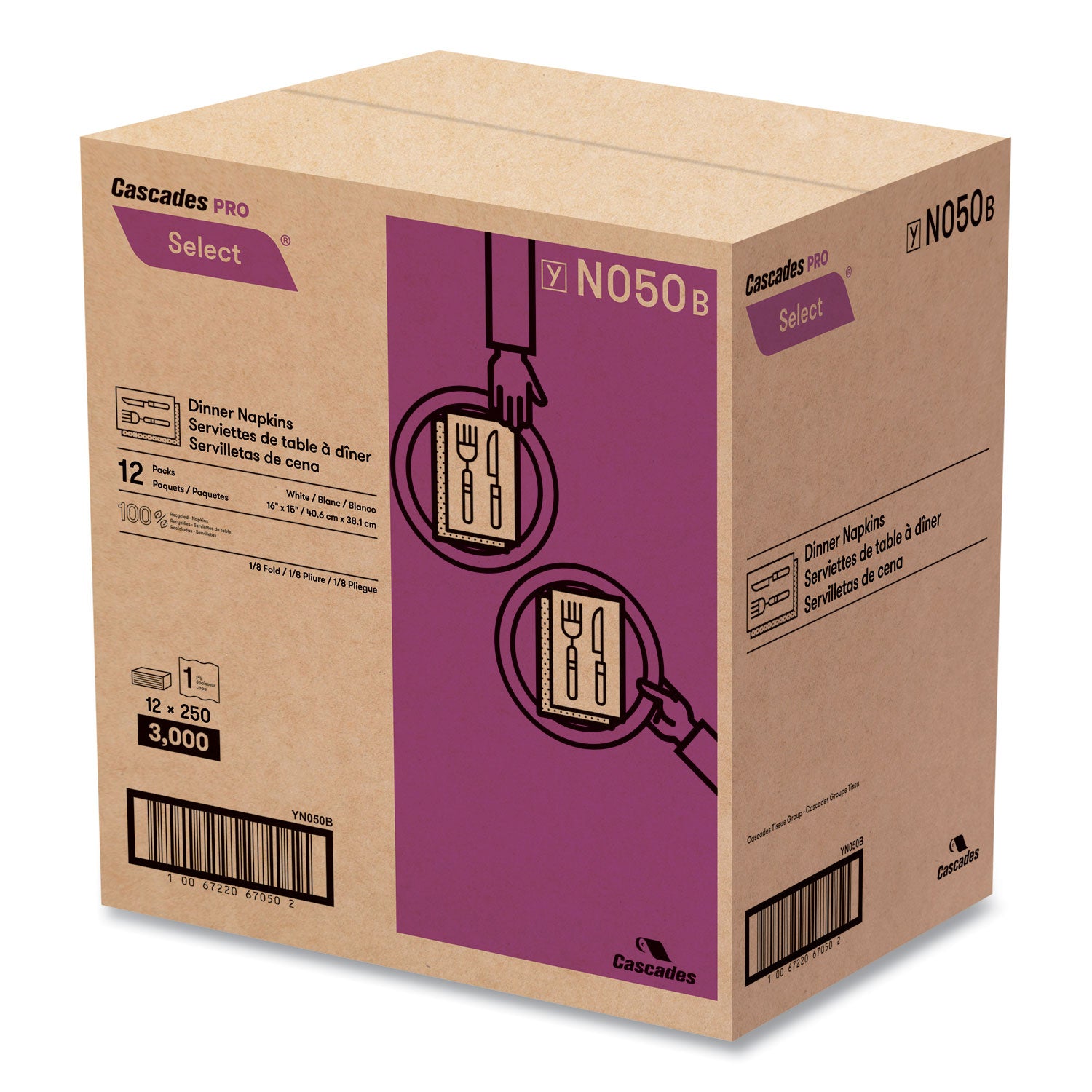 Select Dinner Napkins, 1-Ply, White, 15.5 x 16, 250/Pack, 12/Carton