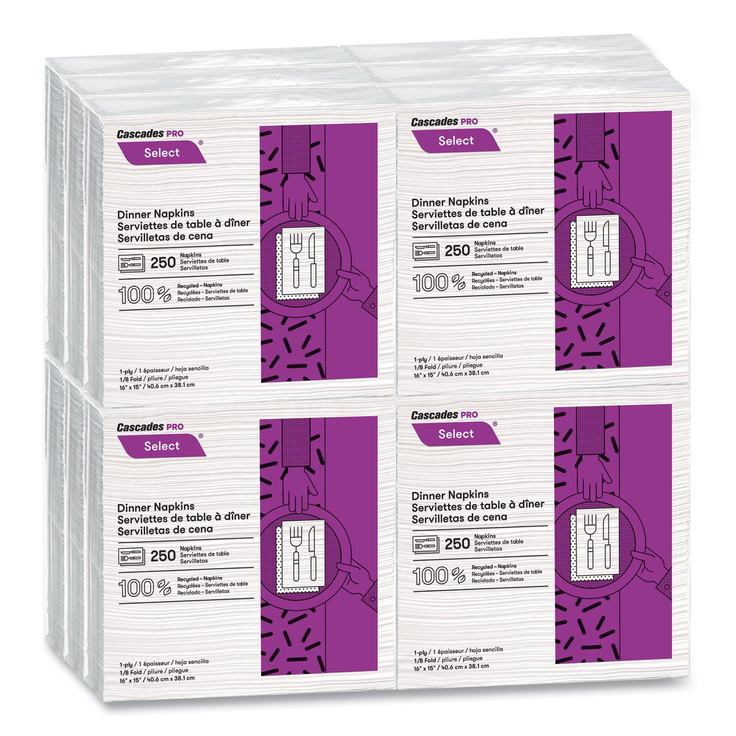 Select Dinner Napkins, 1-Ply, White, 15.5 x 16, 250/Pack, 12/Carton