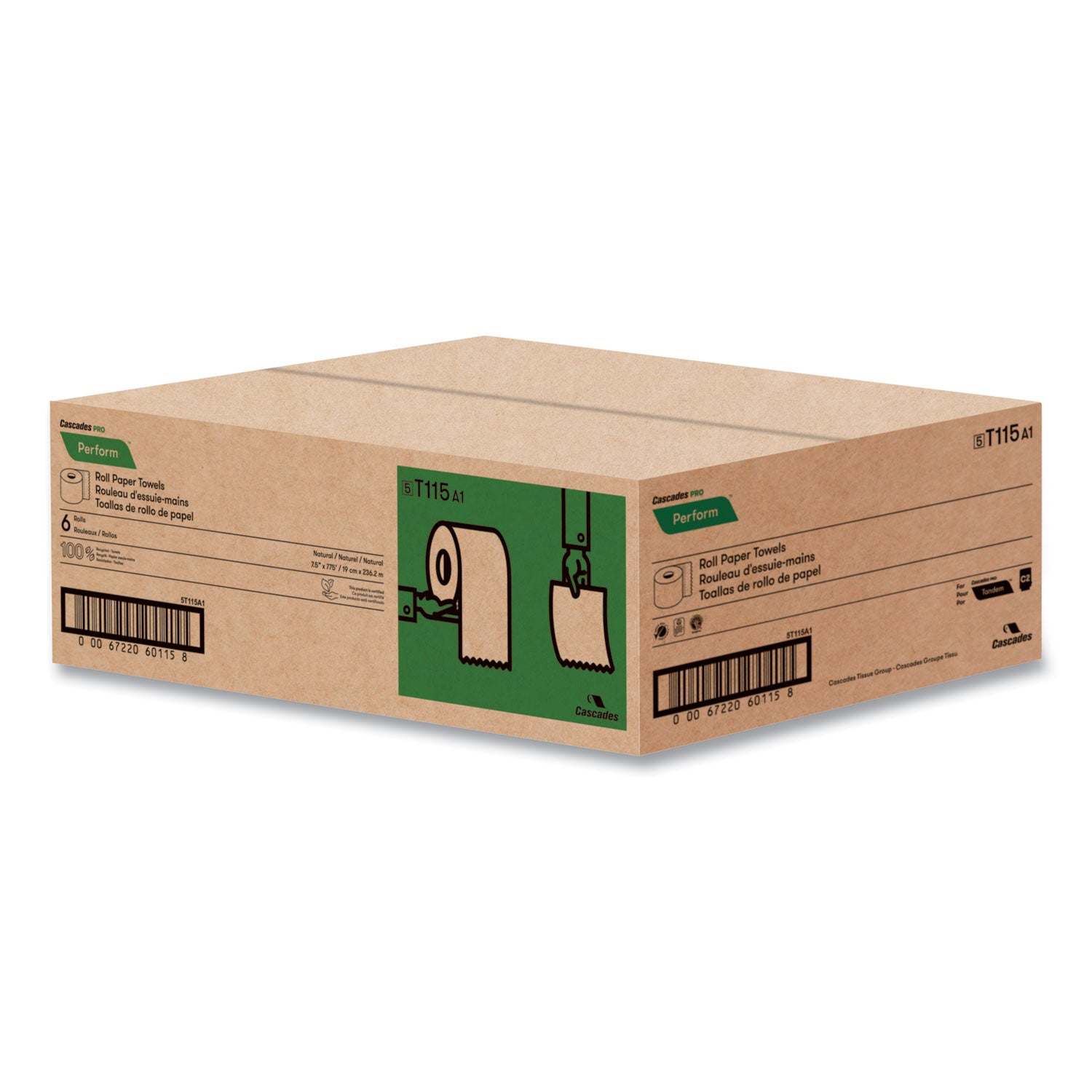 Perform Hardwound Roll Towels for Tandem Dispensers, 1-Ply, 7.5" x 775 ft, Natural, 6/Carton