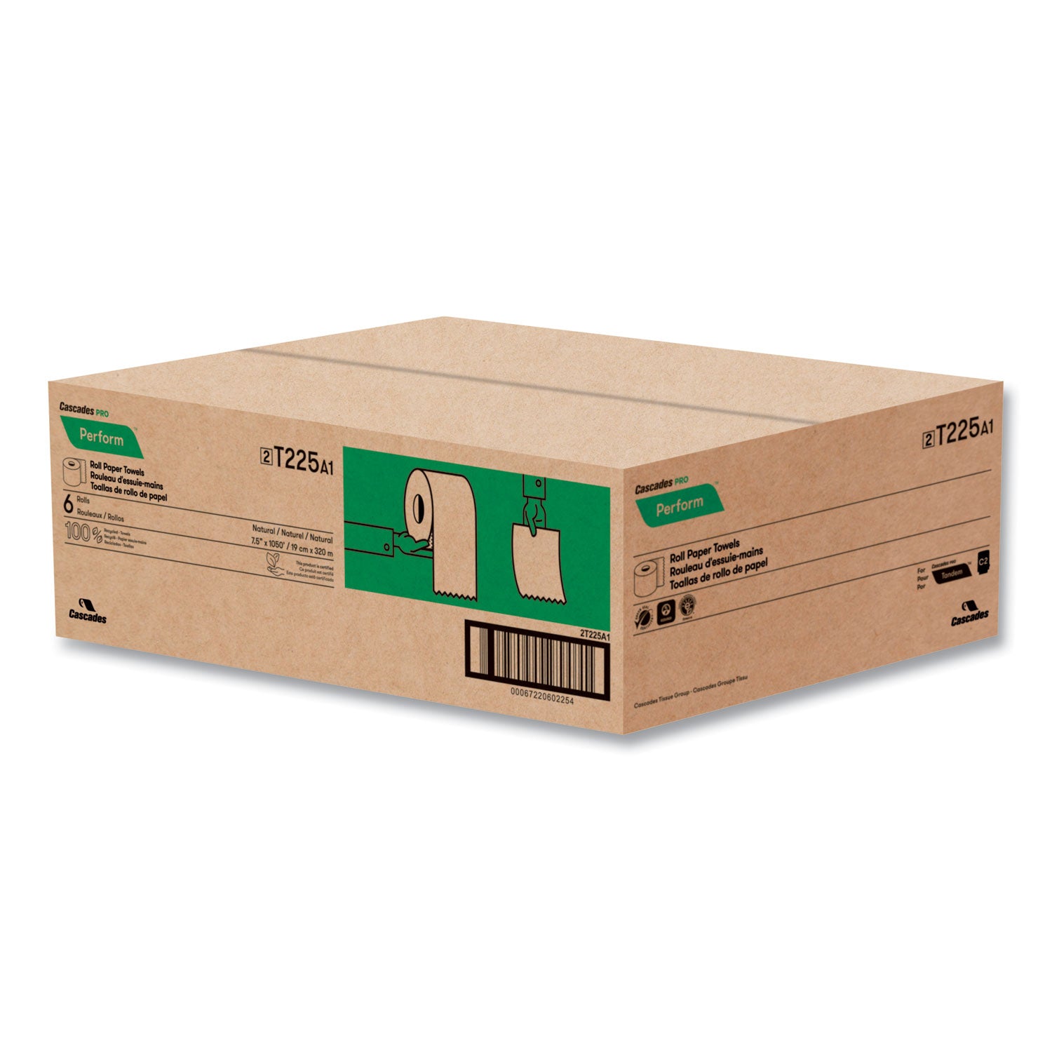 Perform Hardwound Roll Towels/Tandem Dispensers, 1-Ply, 7.5" x 1,050 ft, Natural, 6/Carton
