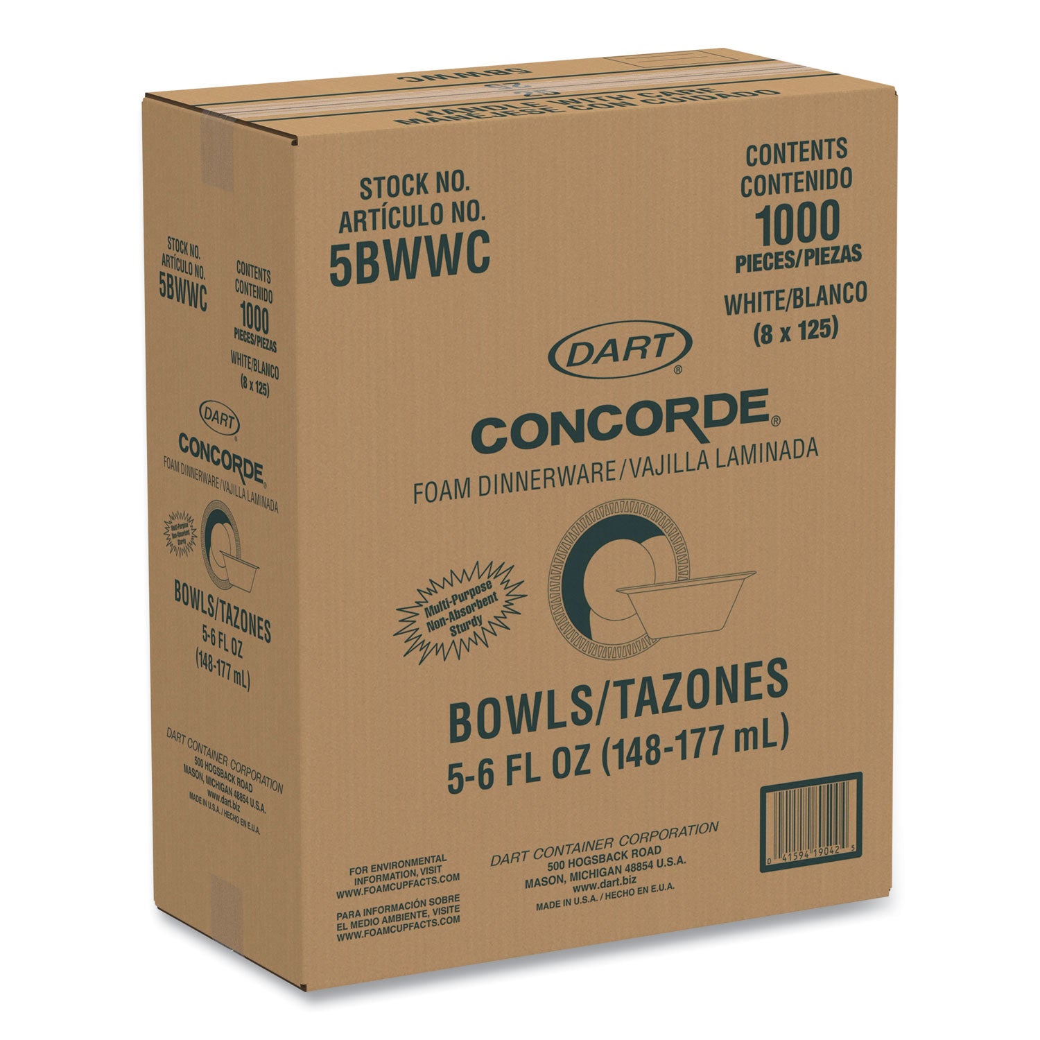 Non-Laminated Foam Dinnerware, Bowl, 5 oz, White, 125/Pack, 8 Packs/Carton