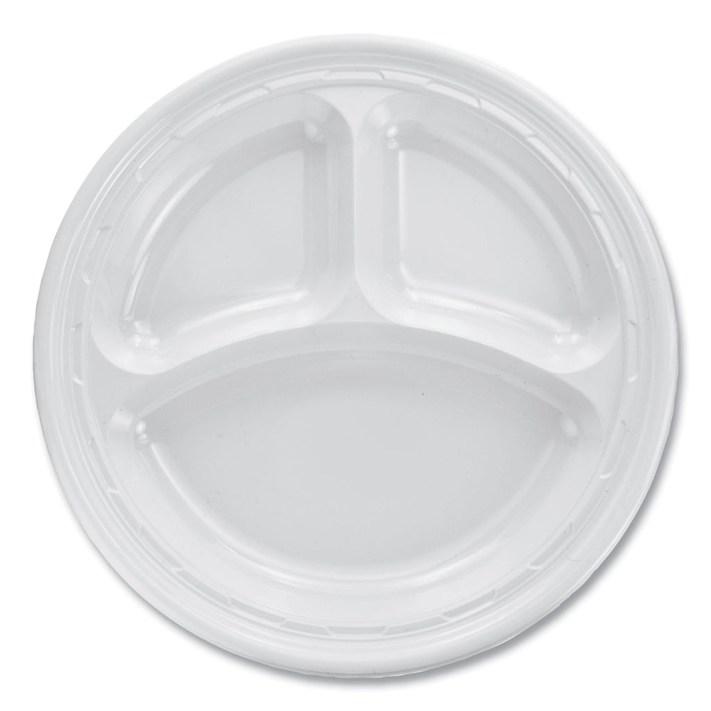 Famous Service Plastic Dinnerware, Plate, 3-Compartment, 10.25" dia, White, 125/Pack, 4 Packs/Carton - 
