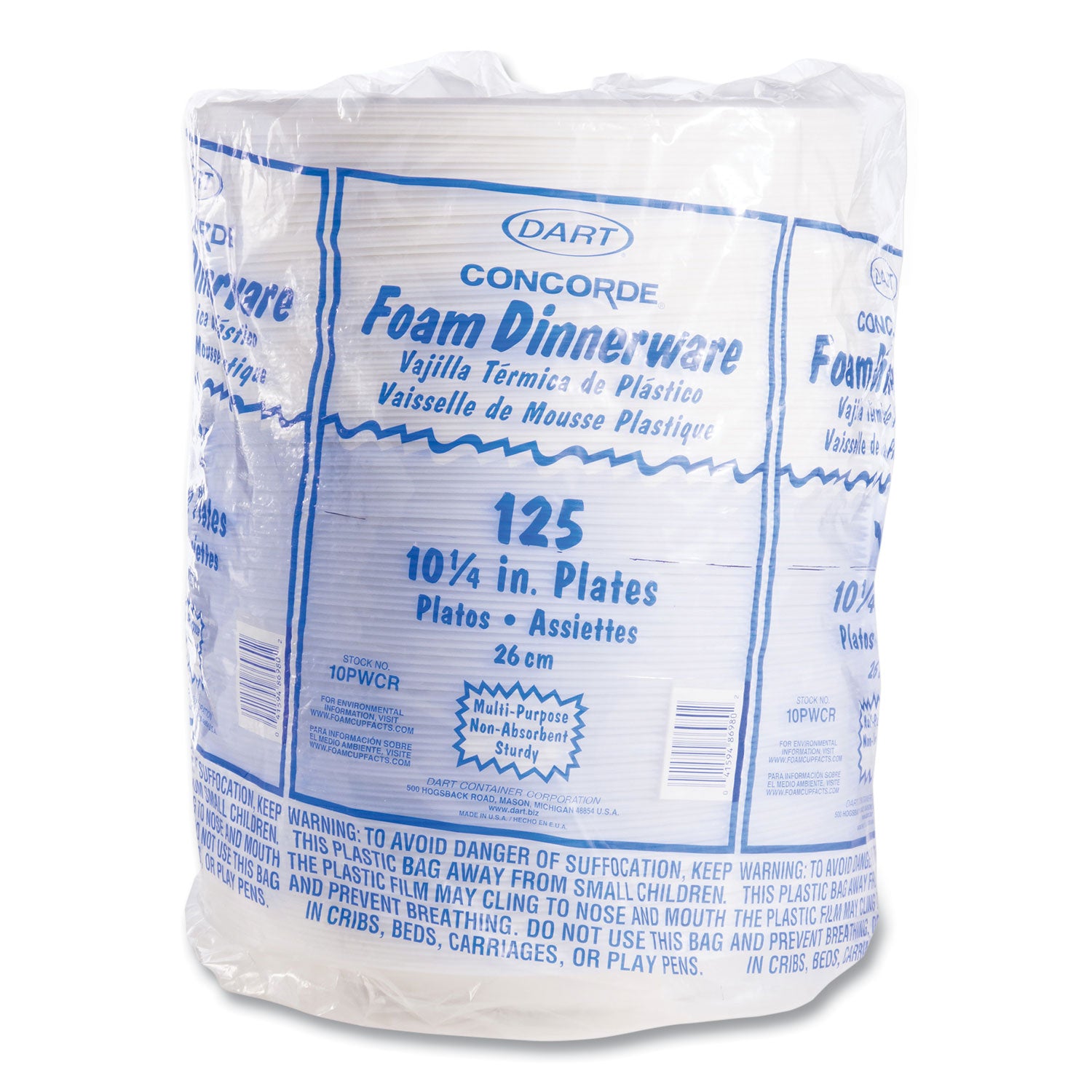 Concorde Foam Plate, 10.25" dia, White, 125/Pack, 4 Packs/Carton - 