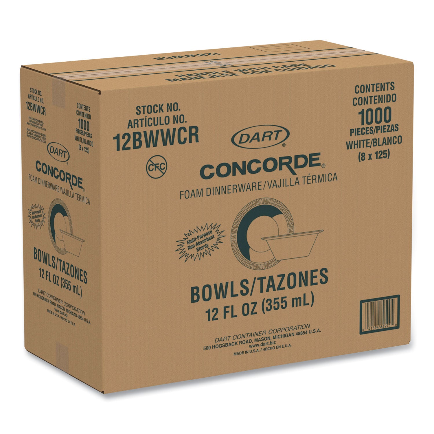 Concorde Foam Bowl, 10, 12 oz, White, 125/Pack, 8 Packs/Carton - 