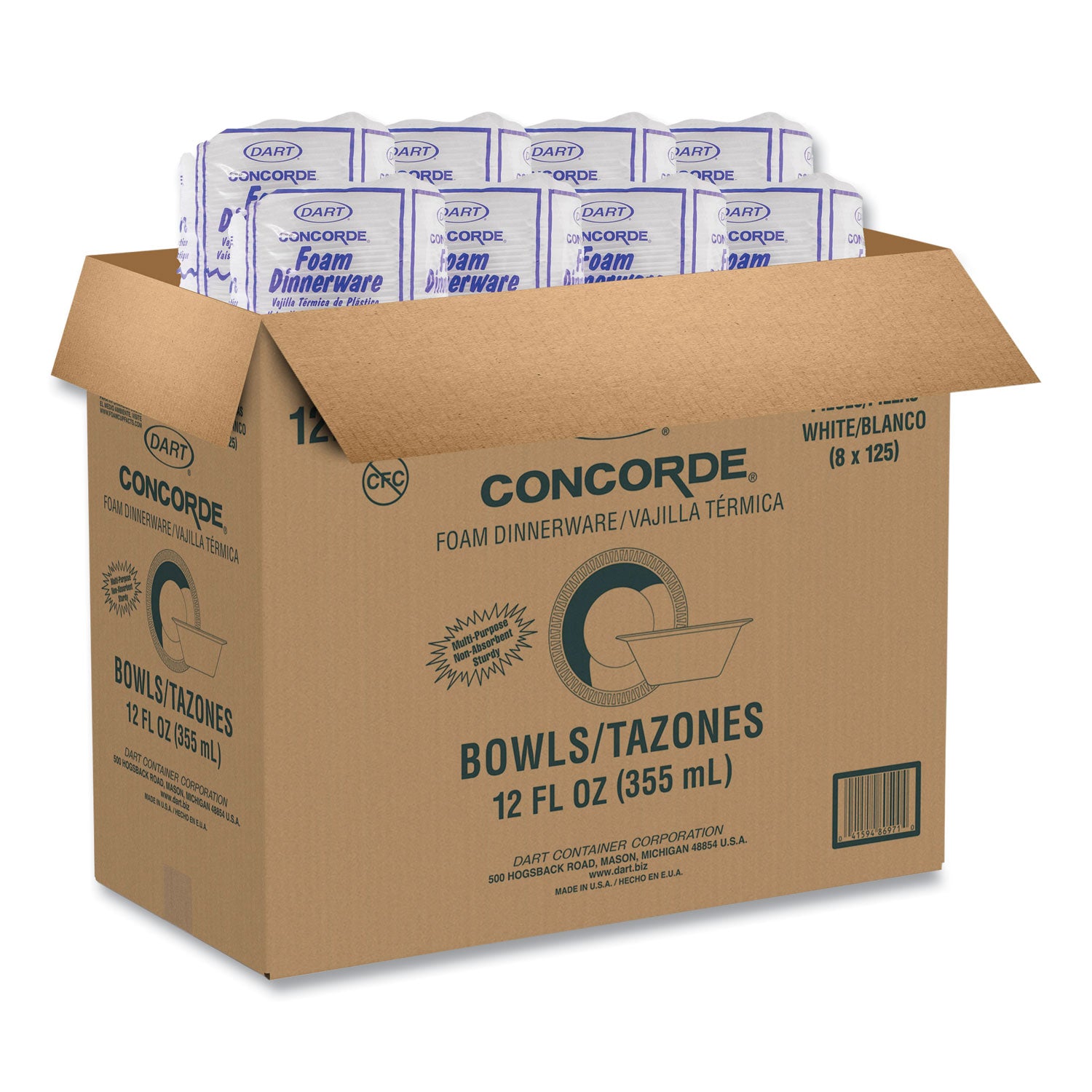 Concorde Foam Bowl, 10, 12 oz, White, 125/Pack, 8 Packs/Carton - 