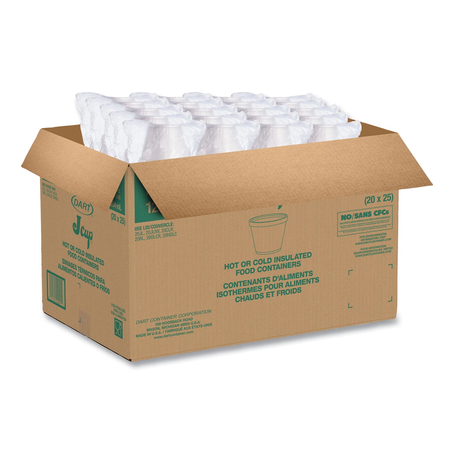 Food Containers, 12 oz, White, Foam, 25/Bag, 20 Bags/Carton - 