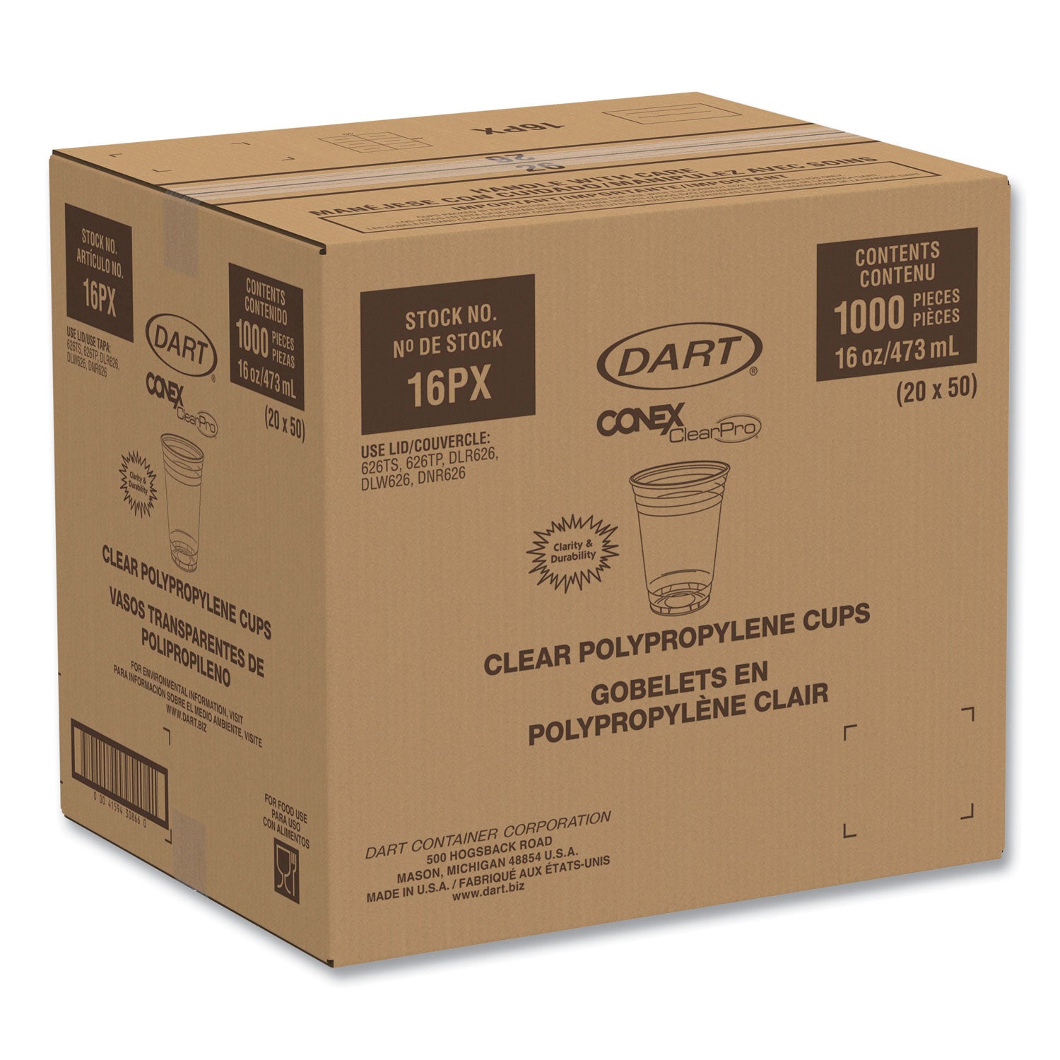 Conex ClearPro Plastic Cold Cups, Plastic, 16 oz, Clear, 50/Pack, 20 Packs/Carton