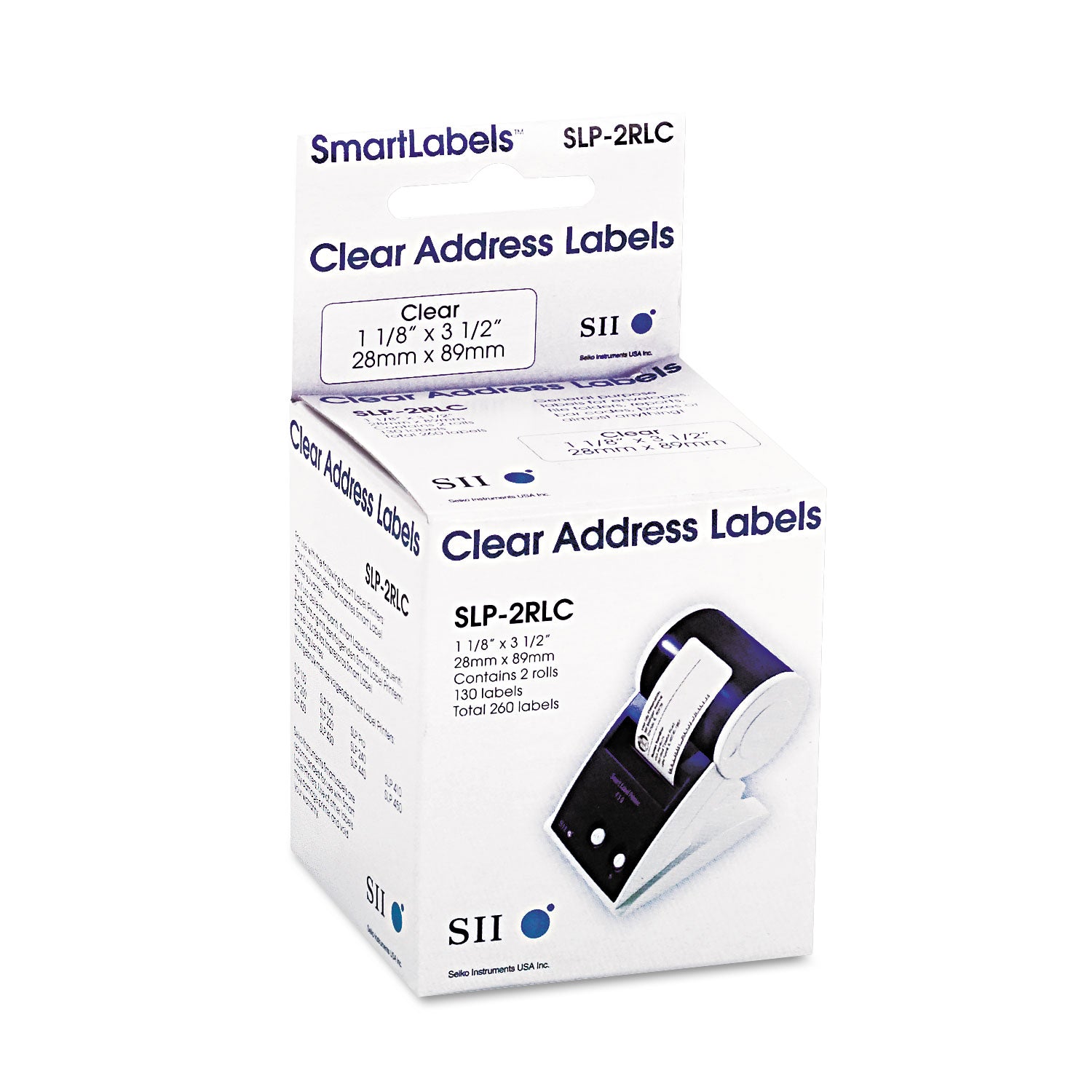 SLP-2RLC Self-Adhesive Address Labels, 1.12" x 3.5", Clear, 130 Labels/Roll, 2 Rolls/Box - 