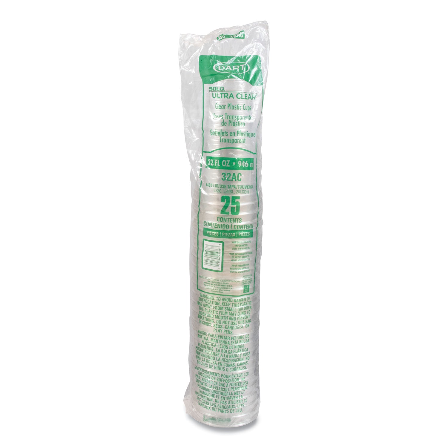 Ultra Clear Pedestal PET Cups, 32 oz, Clear, 25/Bag, 20 Bags/Carton