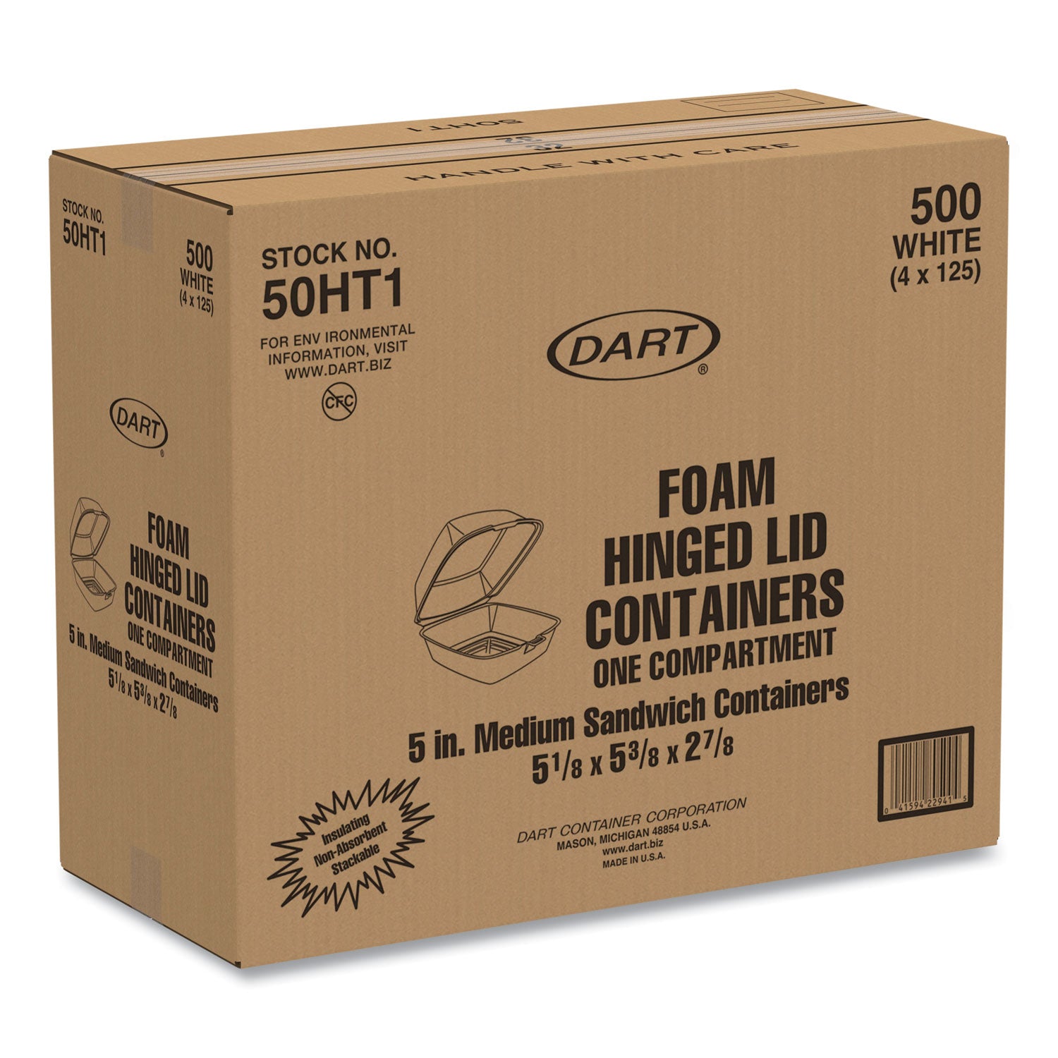 Foam Hinged Lid Containers, 5.38 x 5.5 x 2.88, White, 500/Carton - 