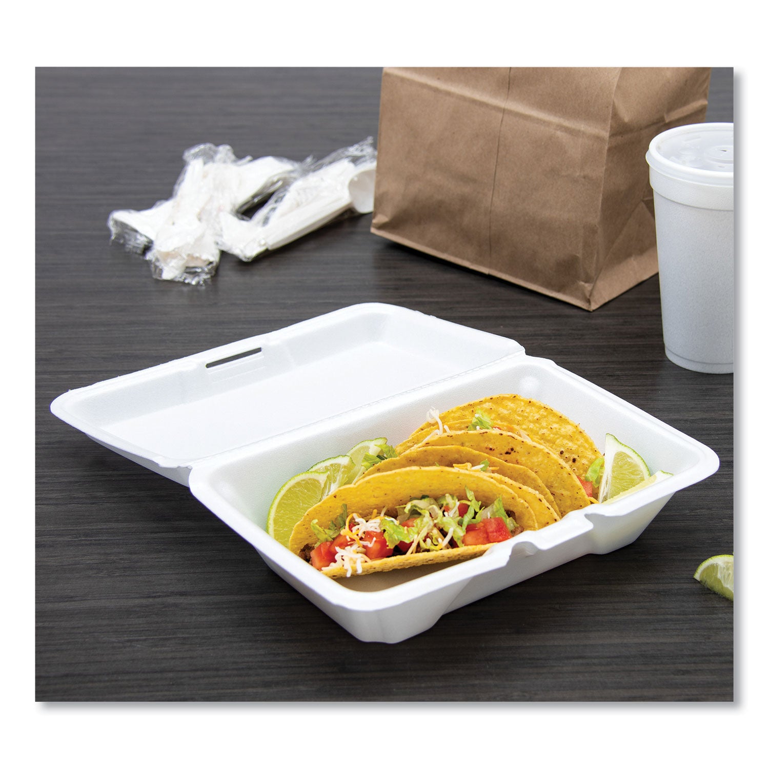 Foam Hinged Lid Containers, 1-Compartment, 6.4 x 9.3 x 2.9, White, 100/Pack, 2 Packs/Carton - 