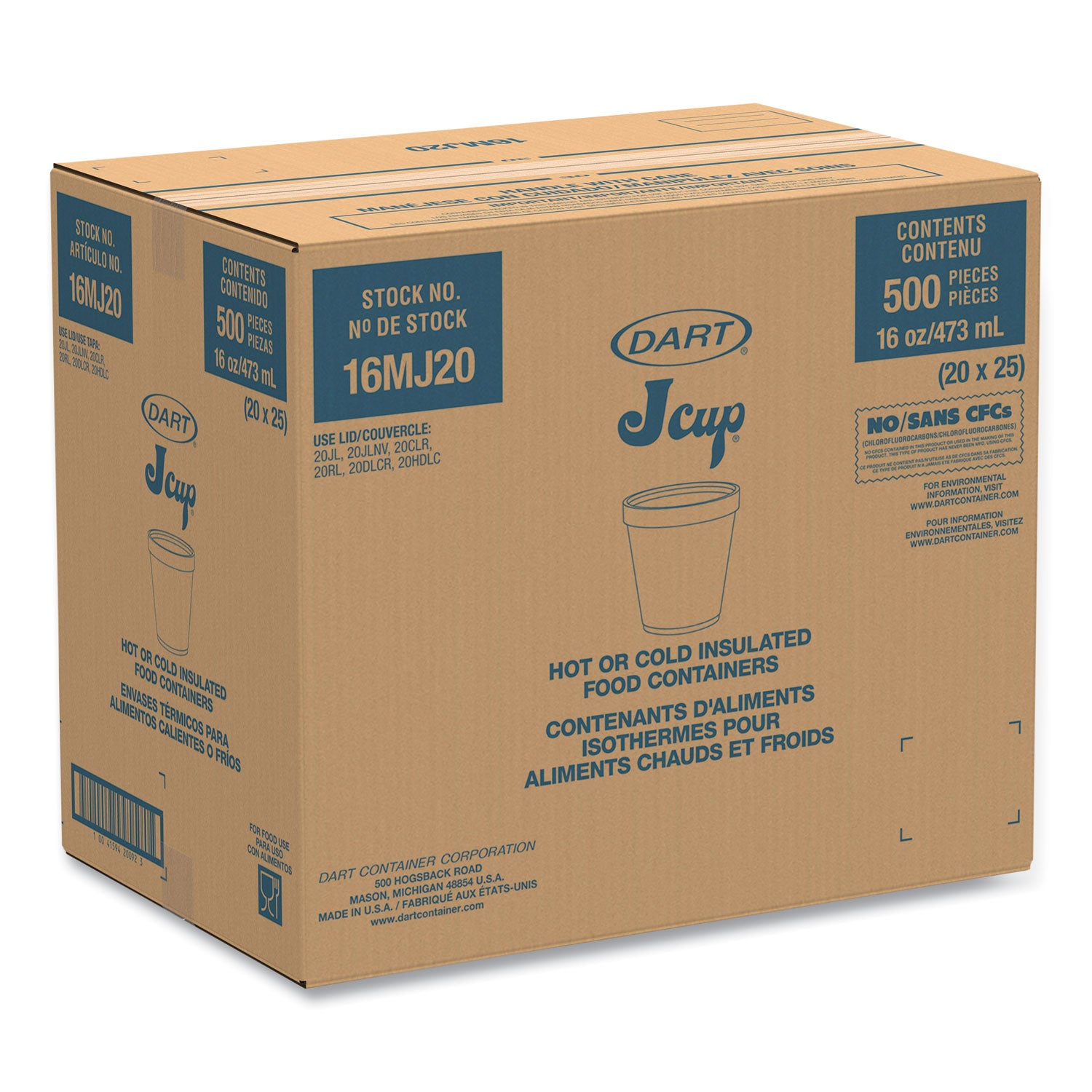 Foam Containers, Squat, 16 oz, White, 25/Bag, 20 Bags/Carton - 