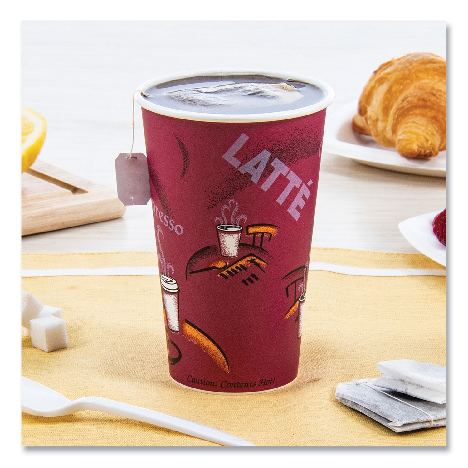 Paper Hot Drink Cups in Bistro Design, 16 oz, Maroon, 50/Pack