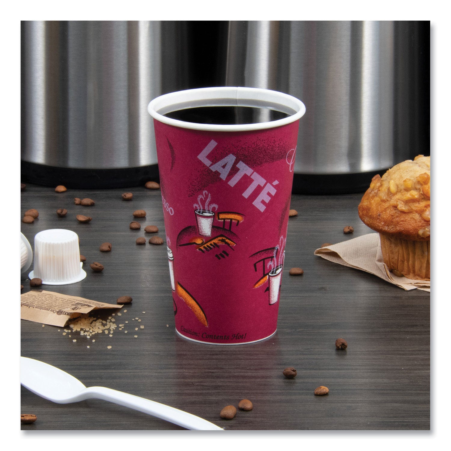 Paper Hot Drink Cups in Bistro Design, 16 oz, Maroon, 50/Pack - 