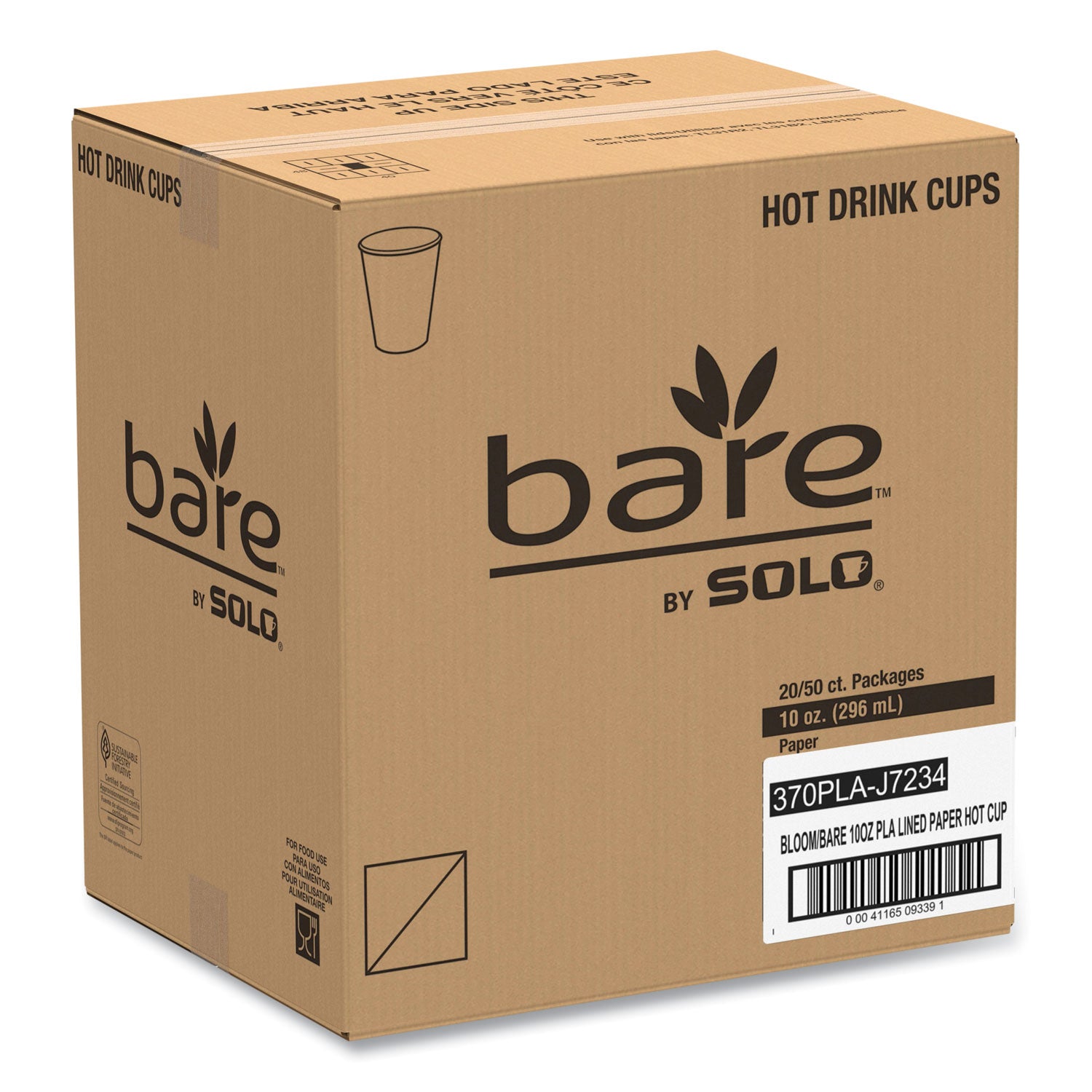 Bare Eco-Forward PLA Paper Hot Cups, 10 oz, Leaf Design, White/Green/Orange, 50/Bag, 20 Bags/Carton - 