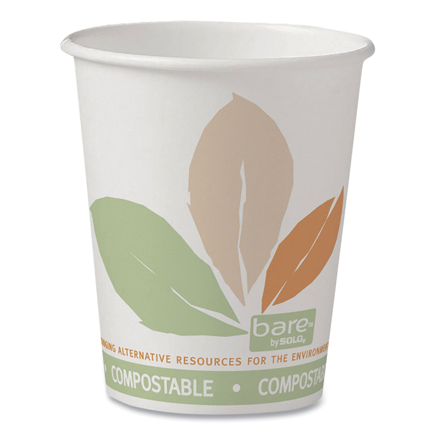 Bare Eco-Forward PLA Paper Hot Cups, 10 oz, Leaf Design, White/Green/Orange, 50/Bag, 20 Bags/Carton - 