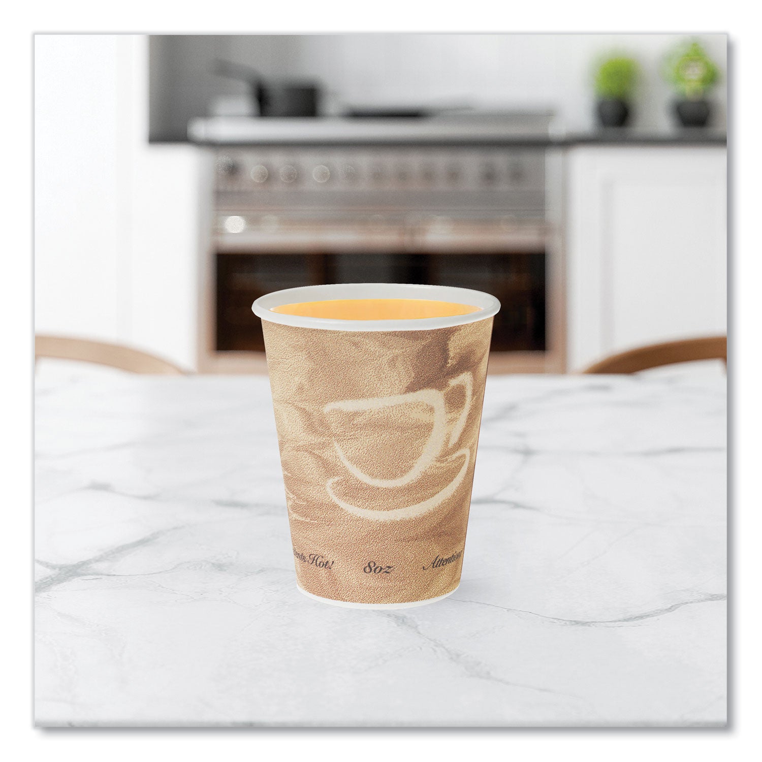 Mistique Polycoated Hot Paper Cups, 8 oz, Printed, Brown, 50/ Sleeve, 20 Sleeves/Carton
