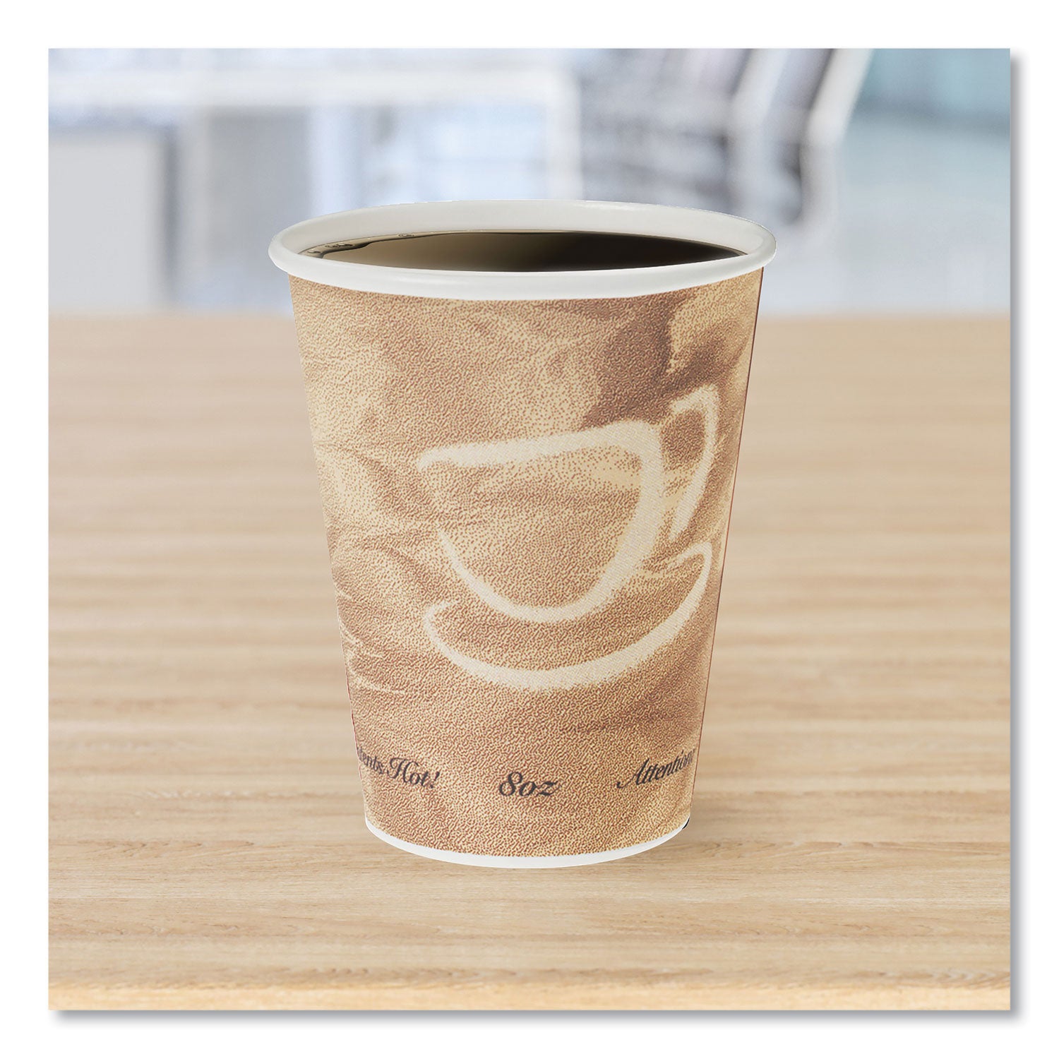 Mistique Polycoated Hot Paper Cups, 8 oz, Printed, Brown, 50/ Sleeve, 20 Sleeves/Carton