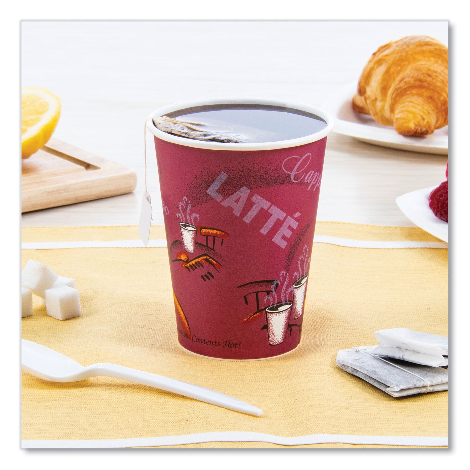 Paper Hot Drink Cups in Bistro Design, 12 oz, Maroon, 50/Pack - 