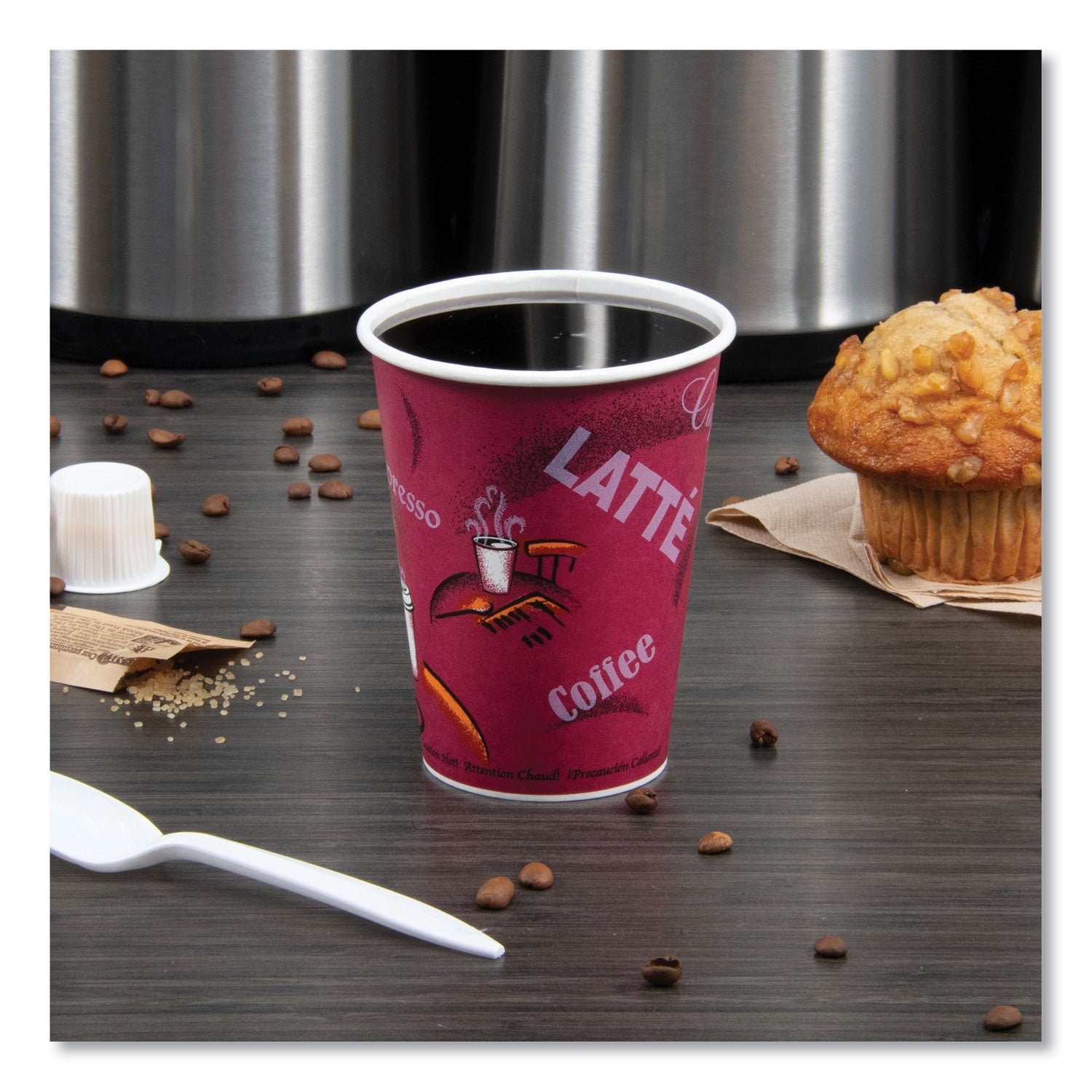 Paper Hot Drink Cups in Bistro Design, 12 oz, Maroon, 50/Pack - 