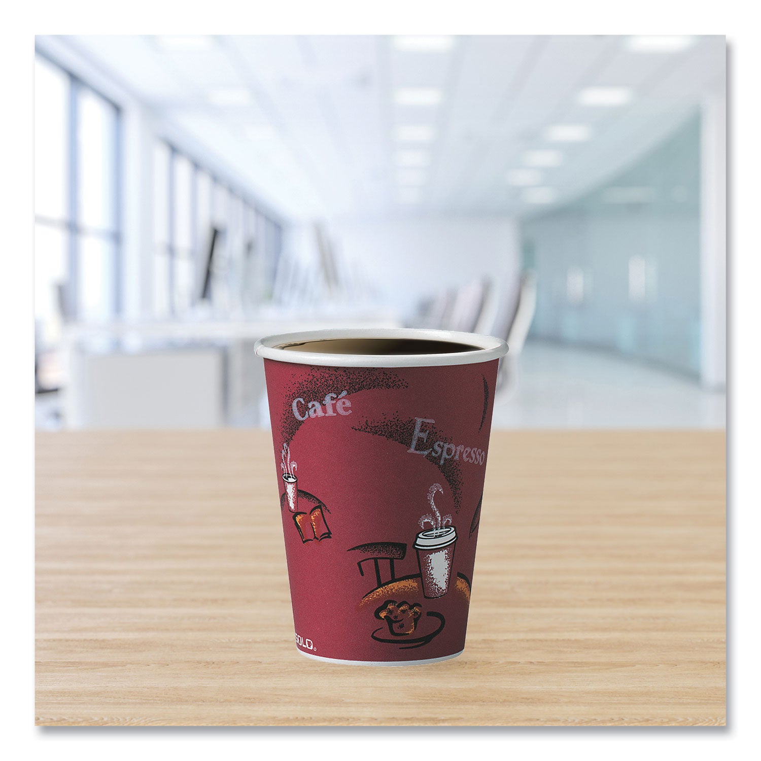 Paper Hot Drink Cups in Bistro Design, 12 oz, Maroon, 50/Pack - 