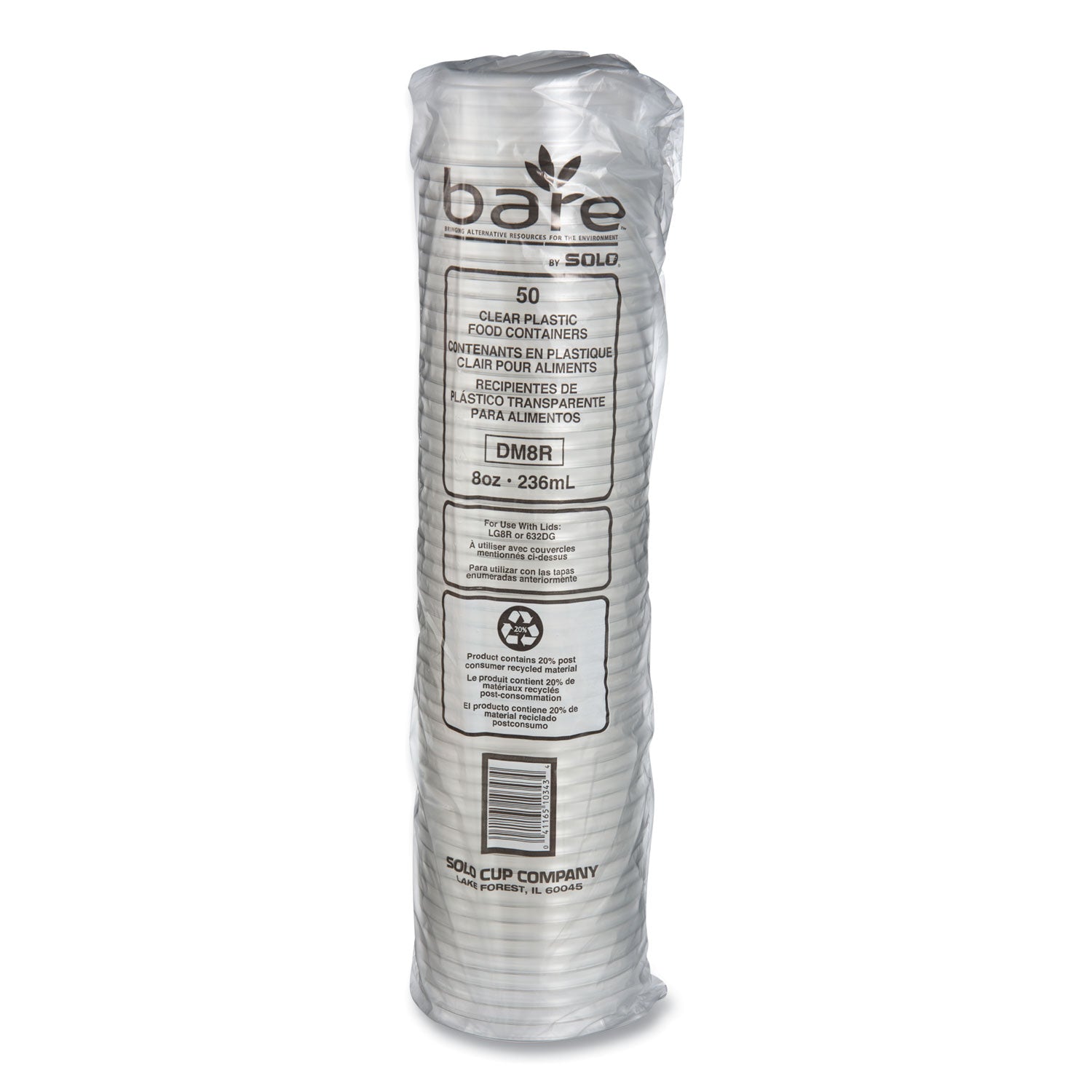 Bare Eco-Forward RPET Deli Containers, ProPlanet Seal, 8 oz, 4.6" Diameter x 1.8"h, Clear, Plastic, 500/Carton