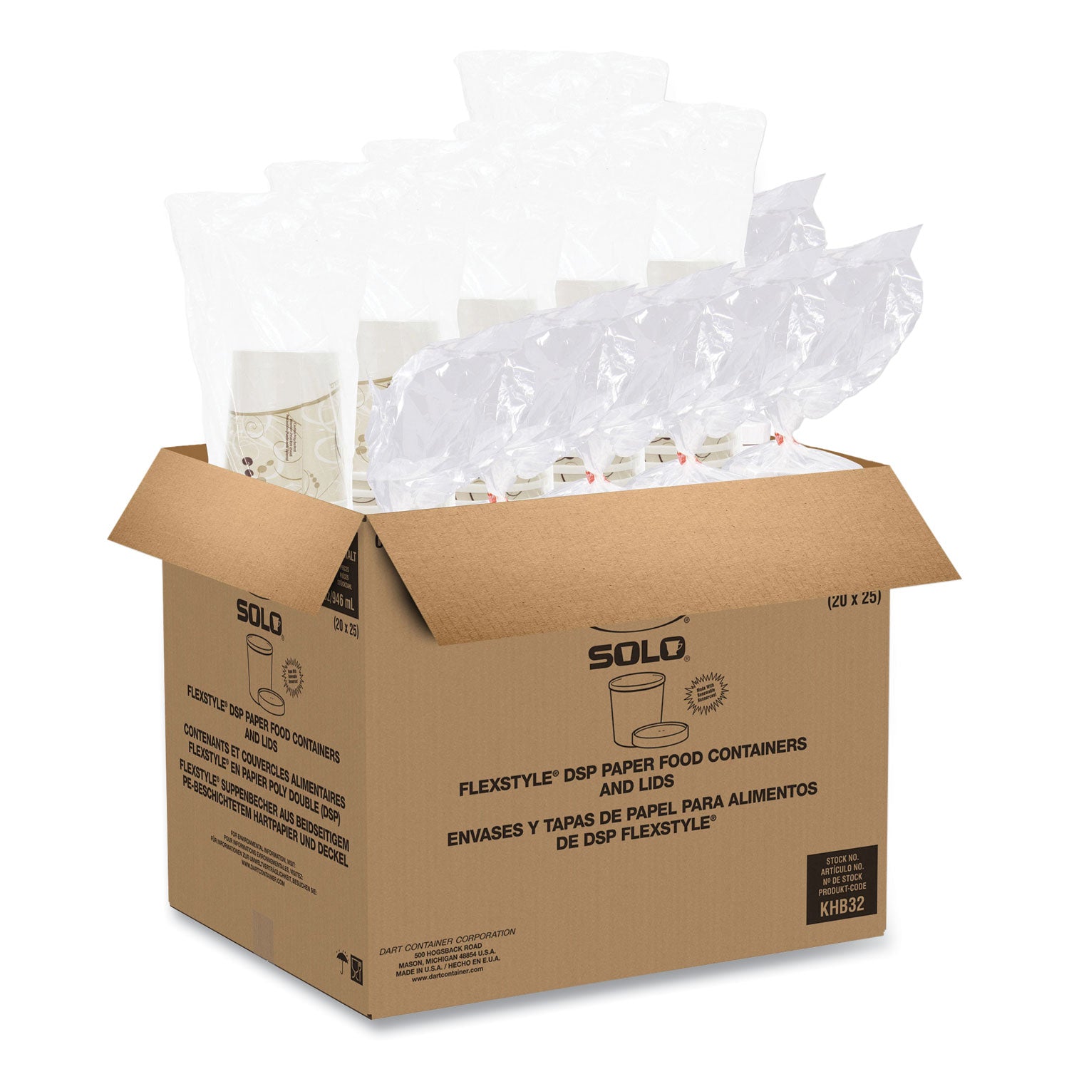 Flexstyle Double Poly Food Combo Packs, 32 oz, Symphony, Paper, 25 Cups and 25 Lids/Pack, 10 Packs/Carton