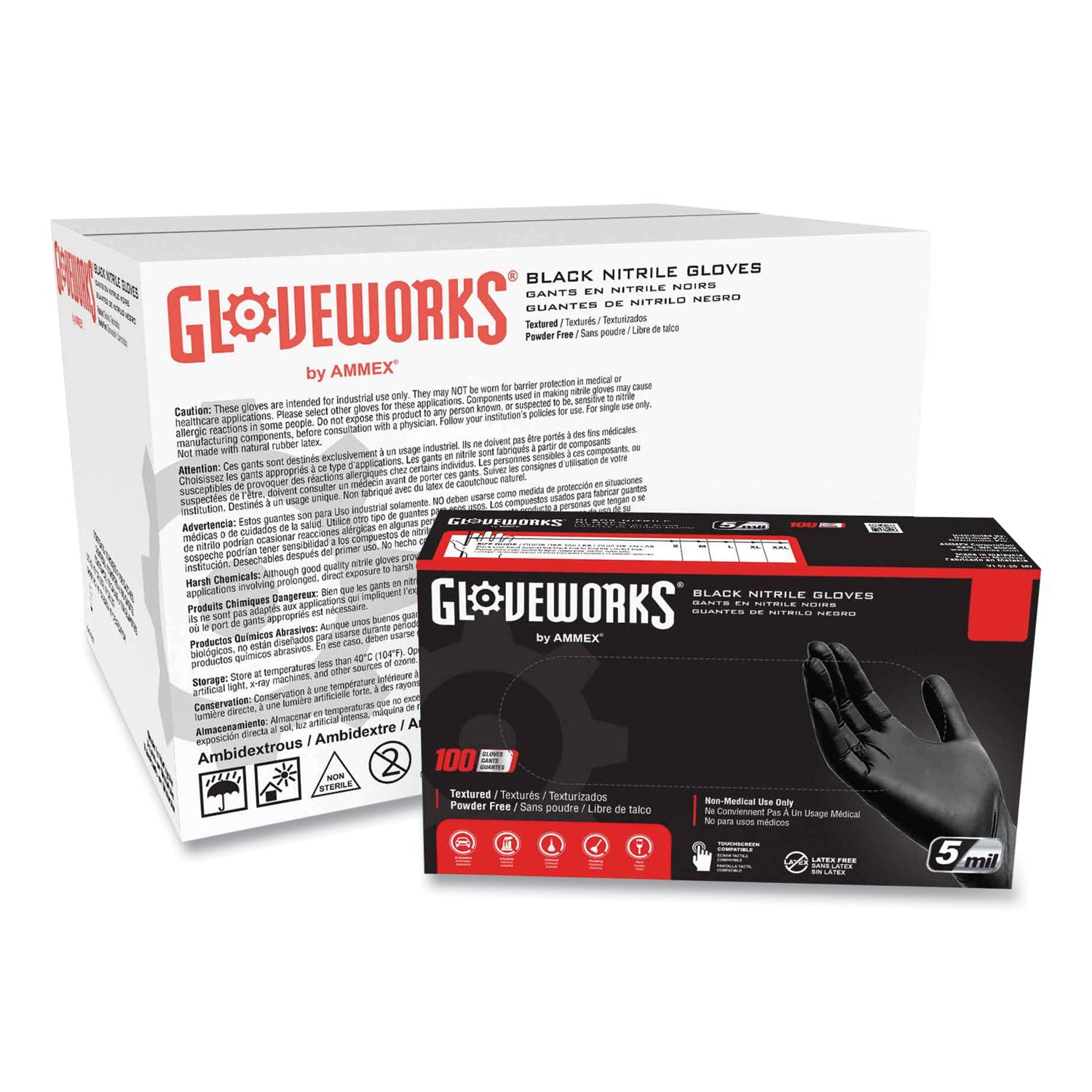 Industrial Nitrile Gloves, Powder-Free, 5 mil, Large, Black, 100 Gloves/Box, 10 Boxes/Carton