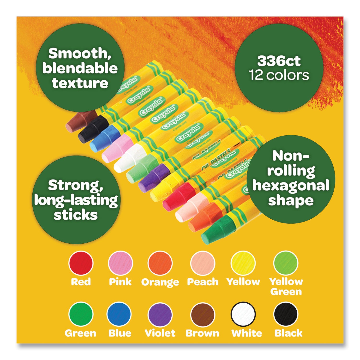 Crayola Classpack Oil Pastel - Blue, Brown, Green, Orange, Peach, Pink, Red, Violet, Yellow, Yellow Green, White, ... - 336 / Box