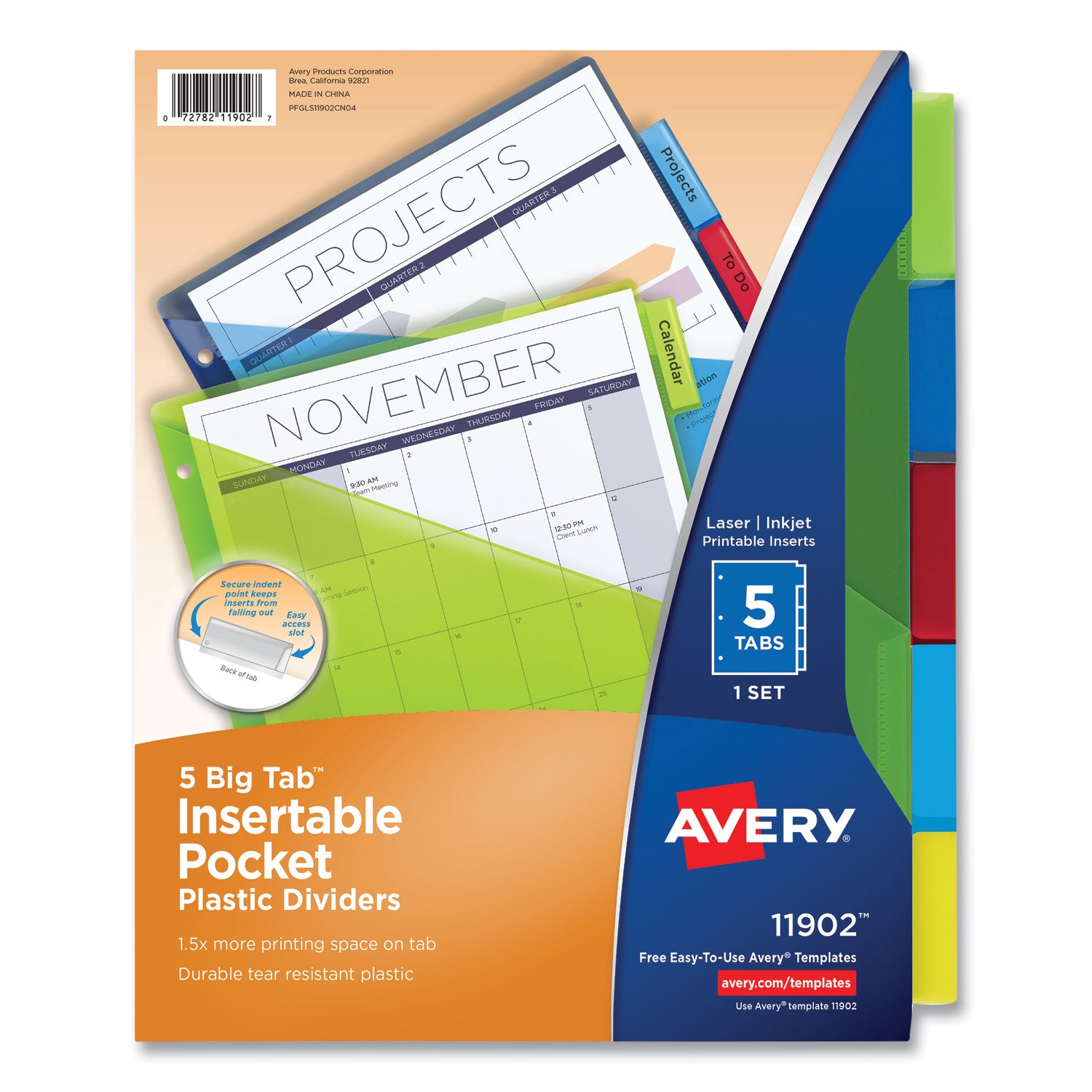 Insertable Big Tab Plastic 1-Pocket Dividers, 5-Tab, 11.13 x 9.25, Assorted, 1 Set - 